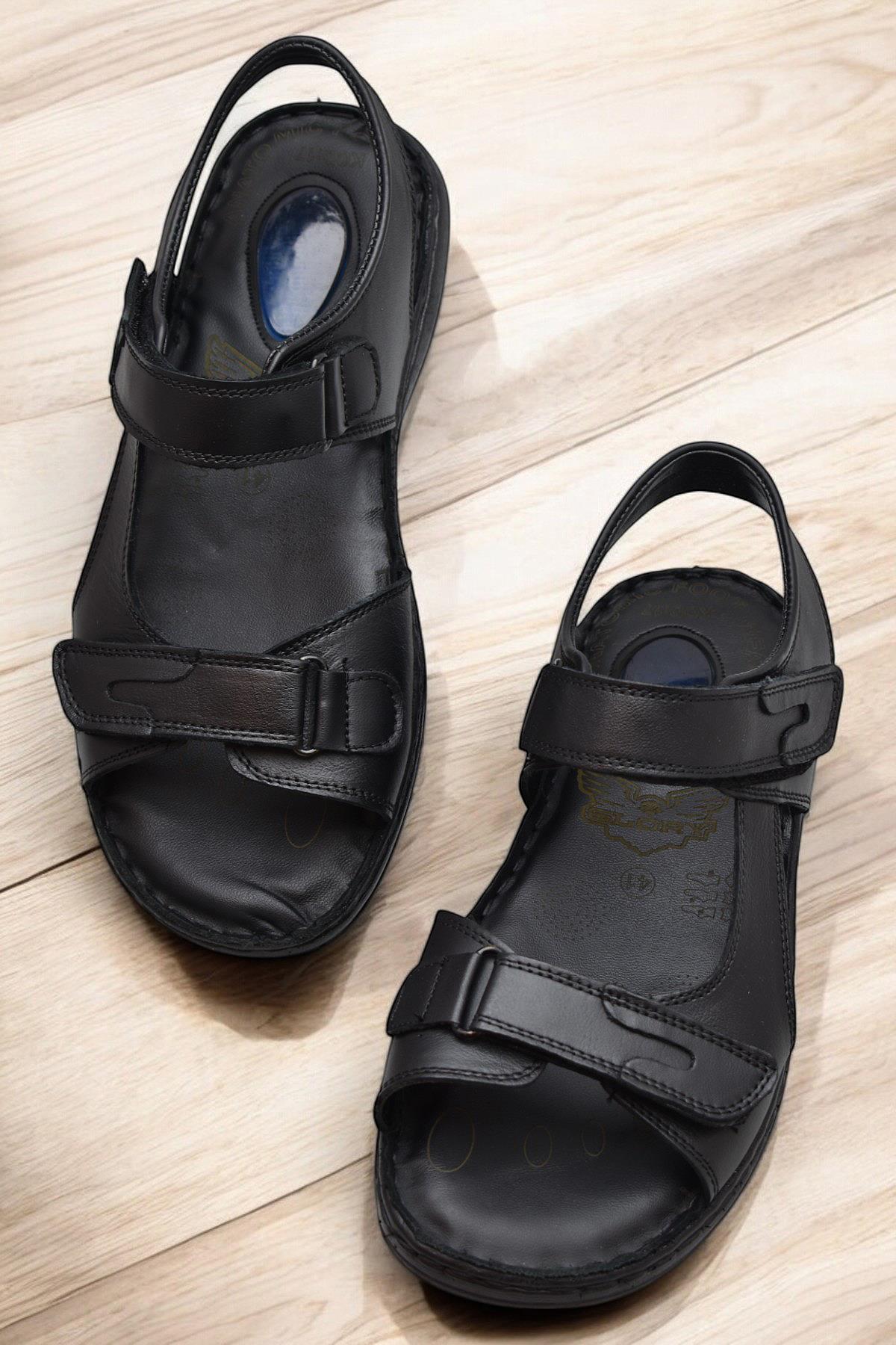 088 Topuk Jelli Tam Ortopedik Taban Hakiki Deri Erkek Sandalet Cırtlı Sandalet - Görsel 3