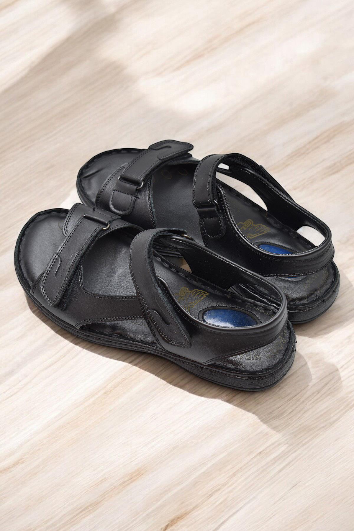088 Topuk Jelli Tam Ortopedik Taban Hakiki Deri Erkek Sandalet Cırtlı Sandalet - Görsel 5