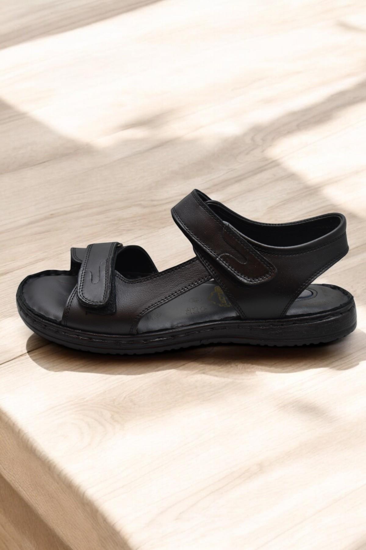 088 Topuk Jelli Tam Ortopedik Taban Hakiki Deri Erkek Sandalet Cırtlı Sandalet - Görsel 6