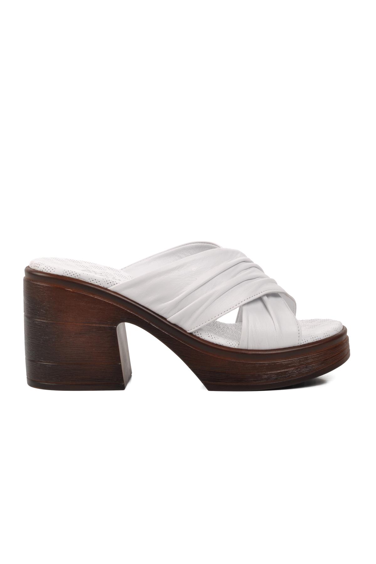 523004 Beyaz Hakiki Deri Kadın Topuklu Terlik - Görsel 6