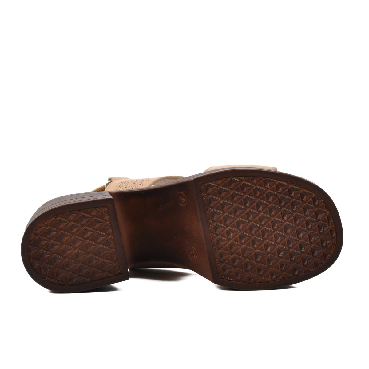 523001 Bej Hakiki Deri Kadın Topuklu Sandalet - Görsel 3