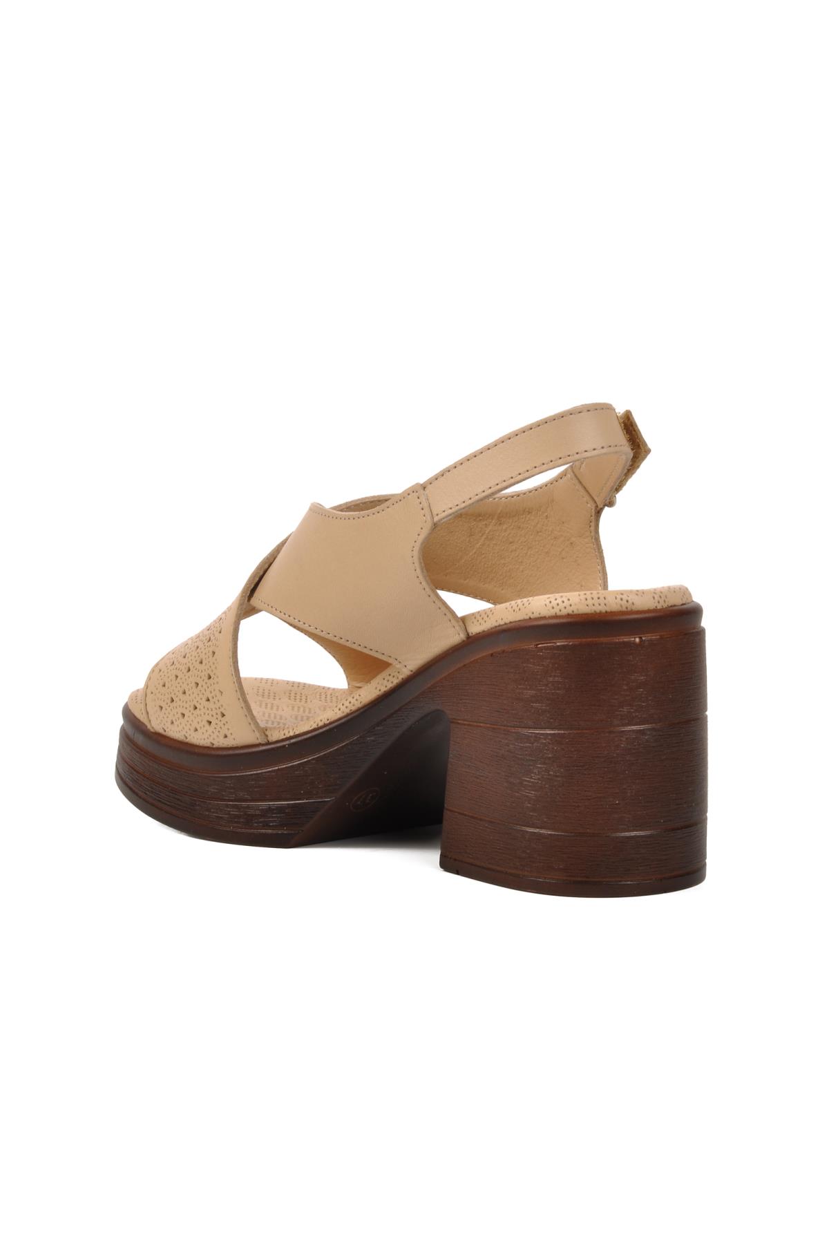 523001 Bej Hakiki Deri Kadın Topuklu Sandalet - Görsel 7