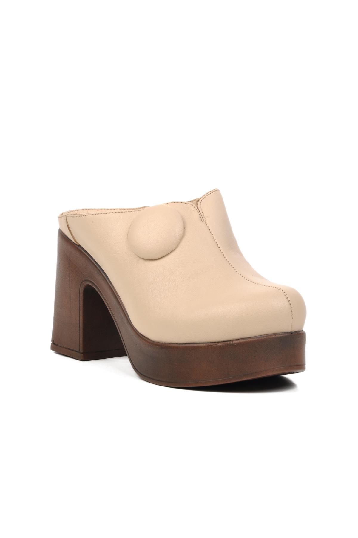 2217013Y Bej Hakiki Deri Kadın Topuklu Sabo Terlik - Görsel 4