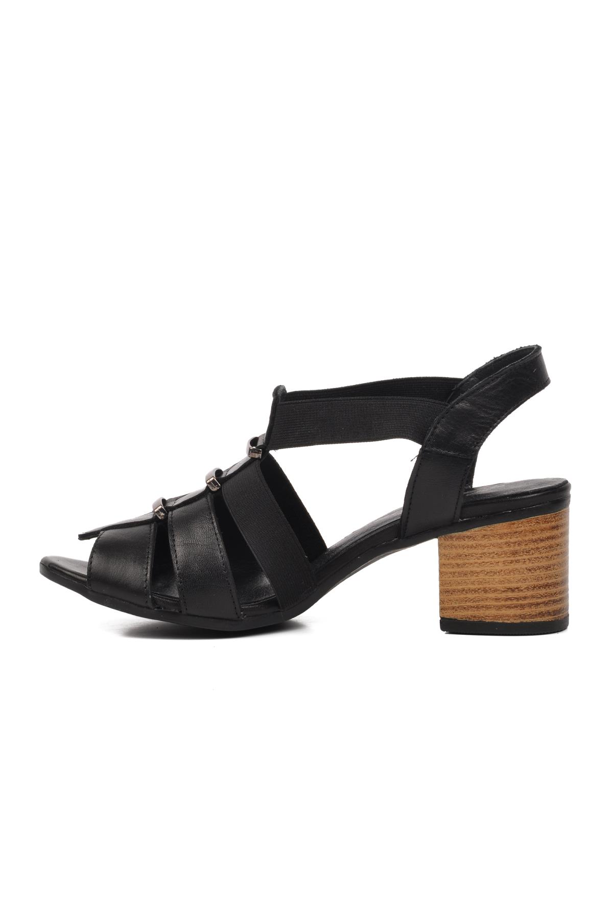 1857227Y Siyah Hakiki Deri Kadın Topuklu Sandalet - Görsel 5