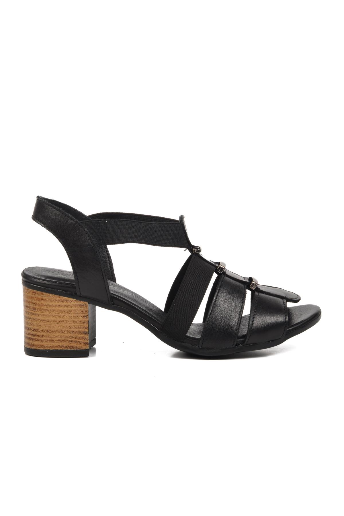 1857227Y Siyah Hakiki Deri Kadın Topuklu Sandalet - Görsel 9