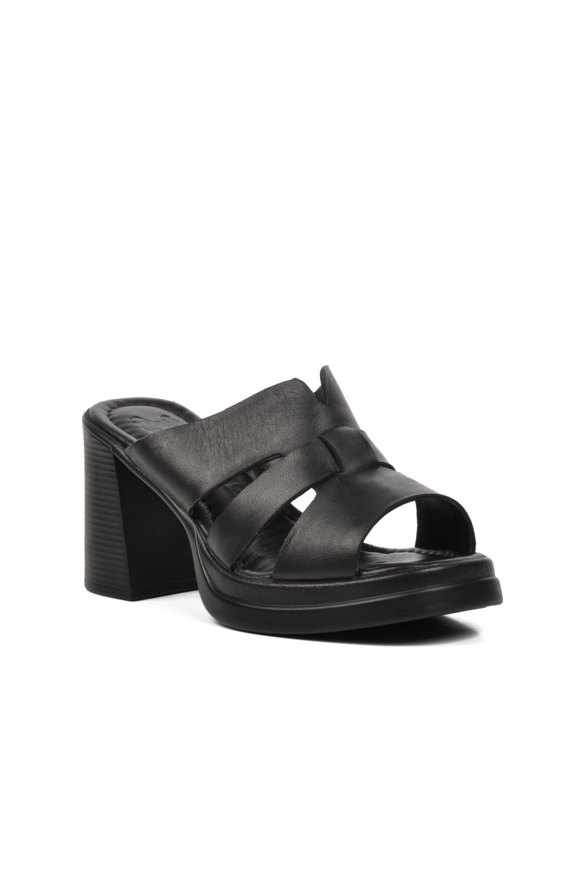 2413403Y Siyah Hakiki Deri Kadın Topuklu Terlik - Görsel 4