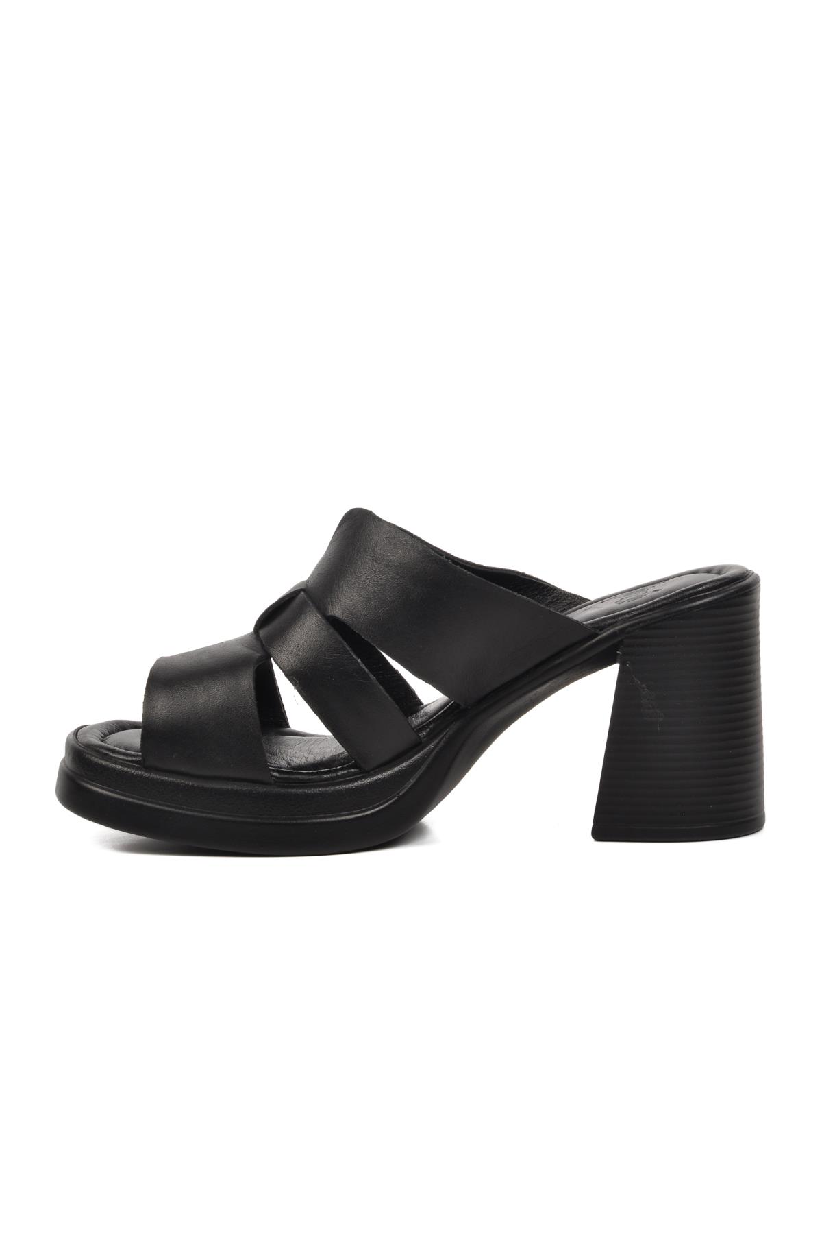 2413403Y Siyah Hakiki Deri Kadın Topuklu Terlik - Görsel 10