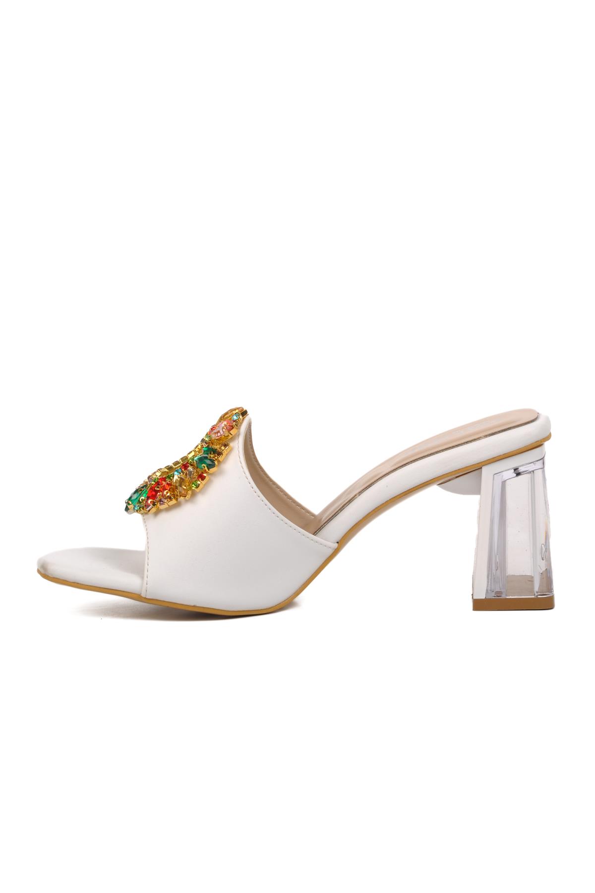 409128 Beyaz Kadın Taşlı Topuklu Terlik - Görsel 4