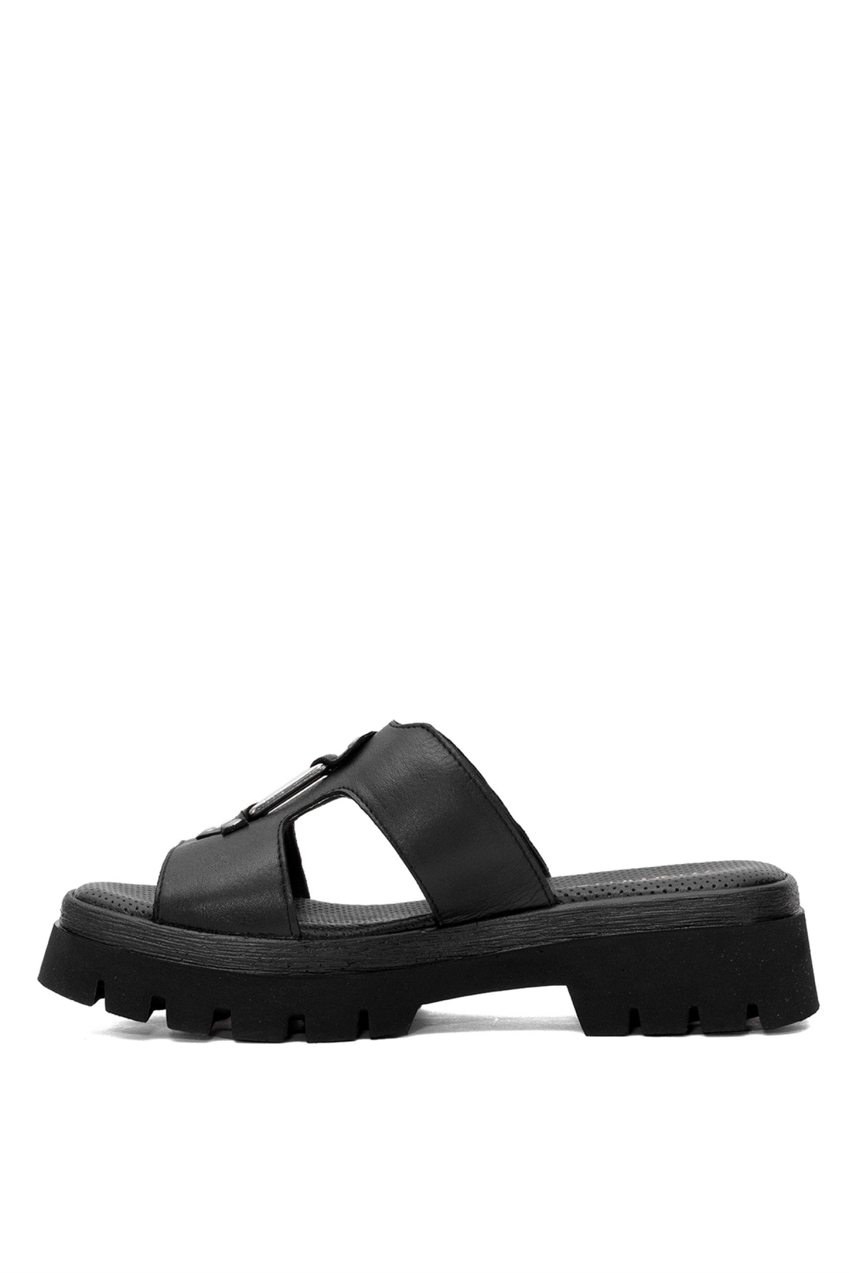 D25YT-1655 Kadın Hakiki Deri Topuklu Terlik Siyah - Görsel 4