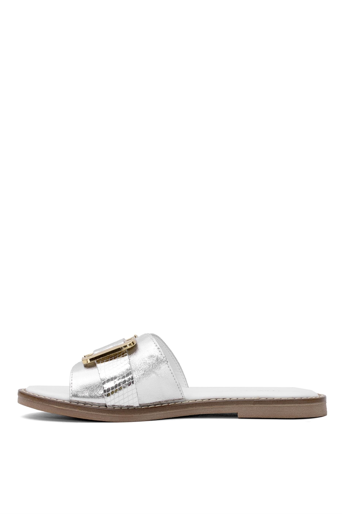 D25YT-1105 Kadın Hakiki Deri Düz Terlik Gümüş - Görsel 4