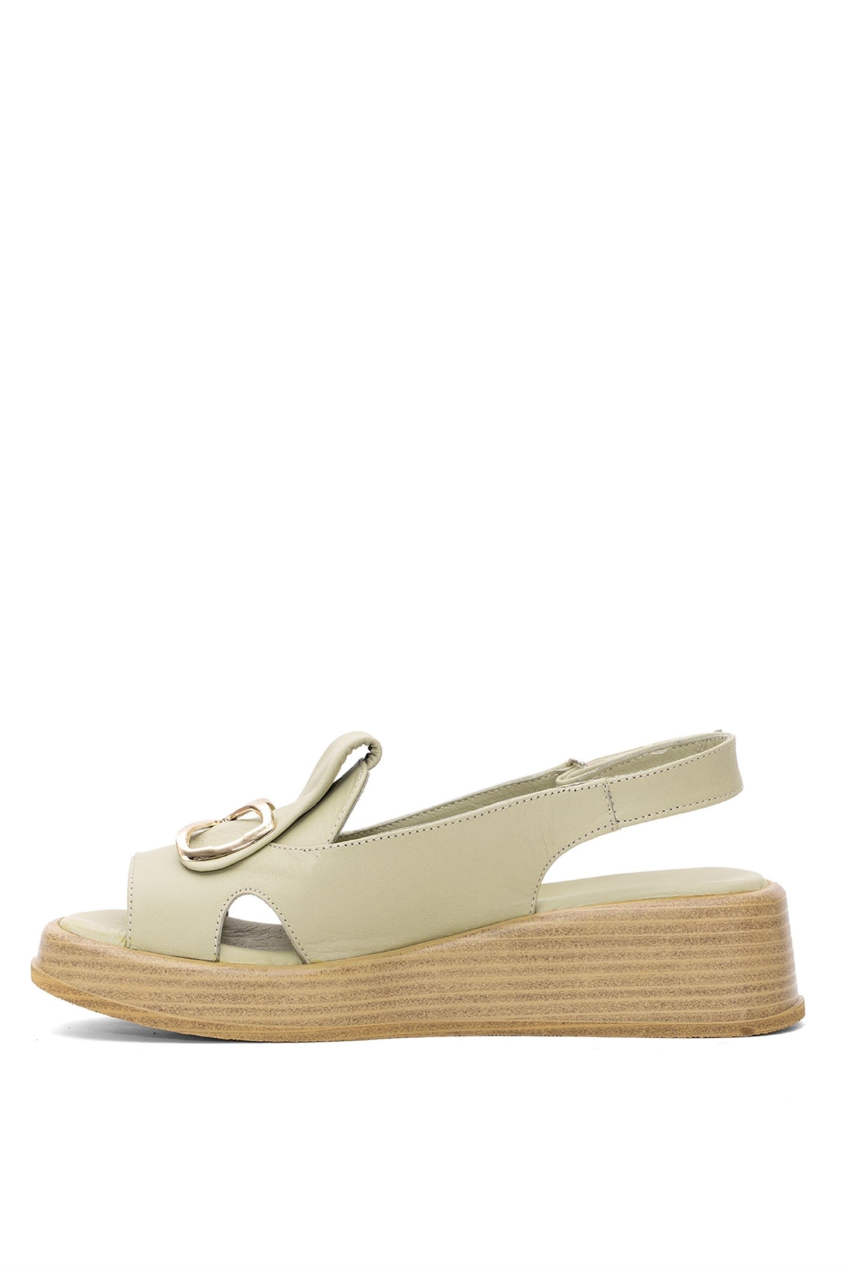 D25YS-2780 Kadın Hakiki Deri Düz Sandalet Yeşil - Görsel 4