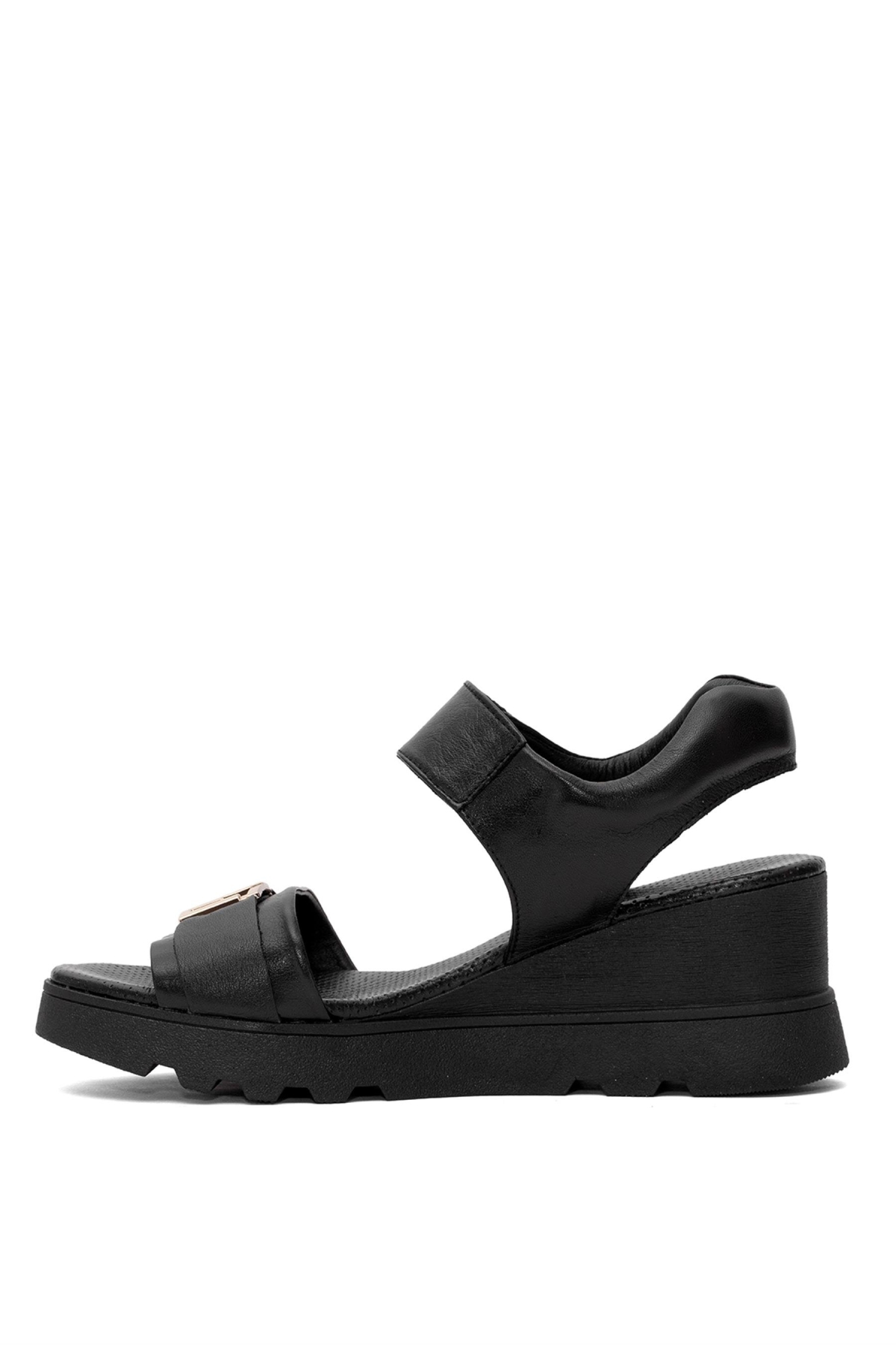 D25YS-2995 Kadın Hakiki Deri Dolgu Topuk Sandalet Siyah - Görsel 4