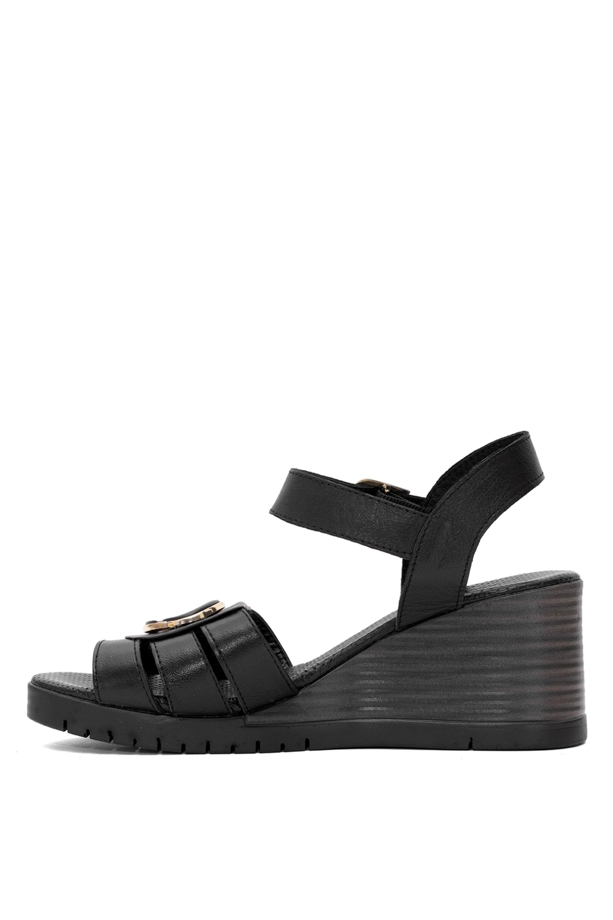 D25YS-2775 Kadın Hakiki Deri Dolgu Topuk Sandalet Siyah - Görsel 4