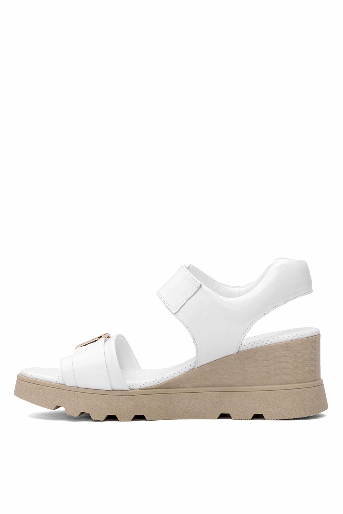 D25YS-2995 Kadın Hakiki Deri Dolgu Topuk Sandalet Beyaz - Görsel 4