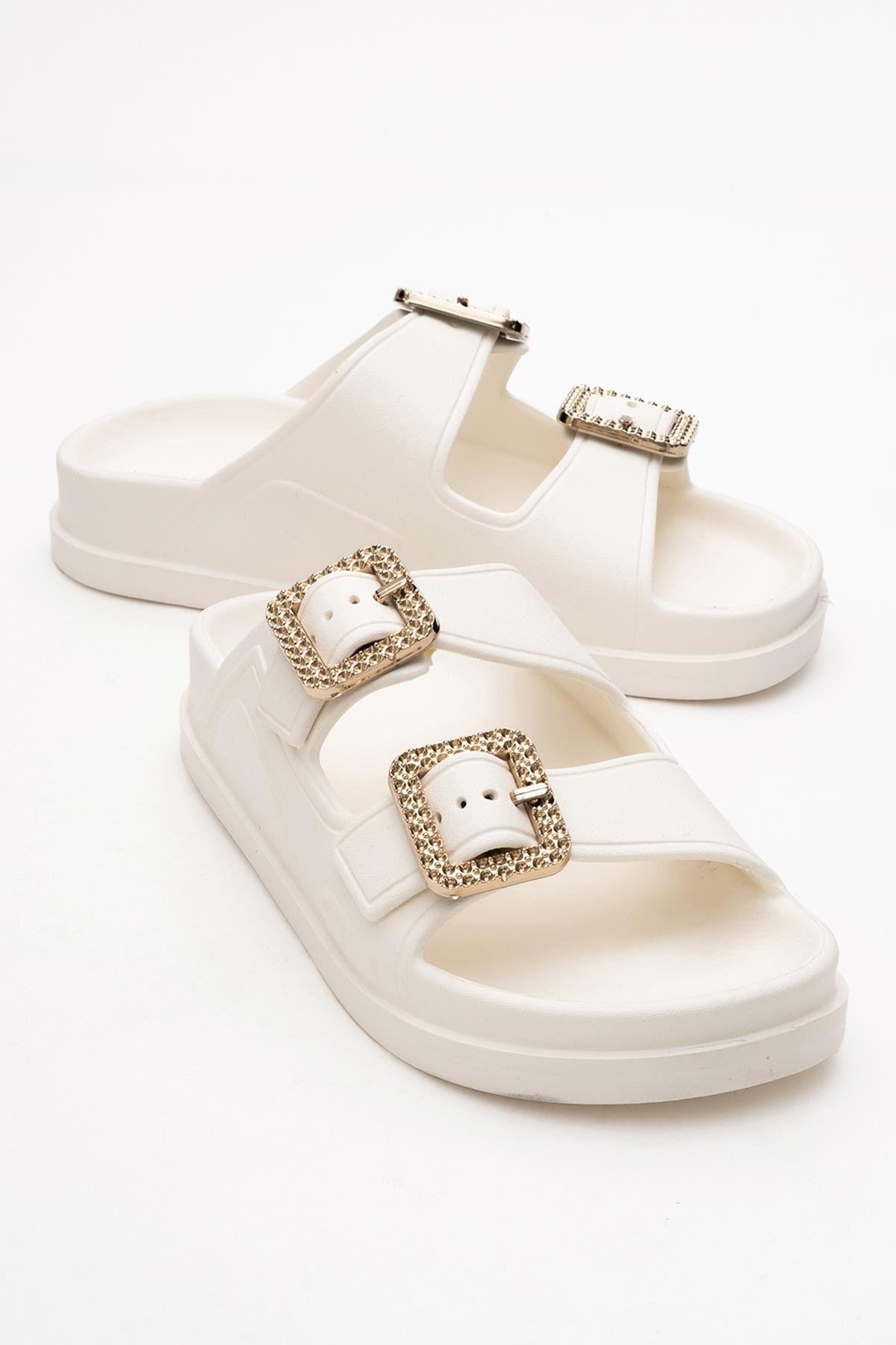 Kadın Bantlı Tokalı Terlik Sandalet EKRU - Görsel 2