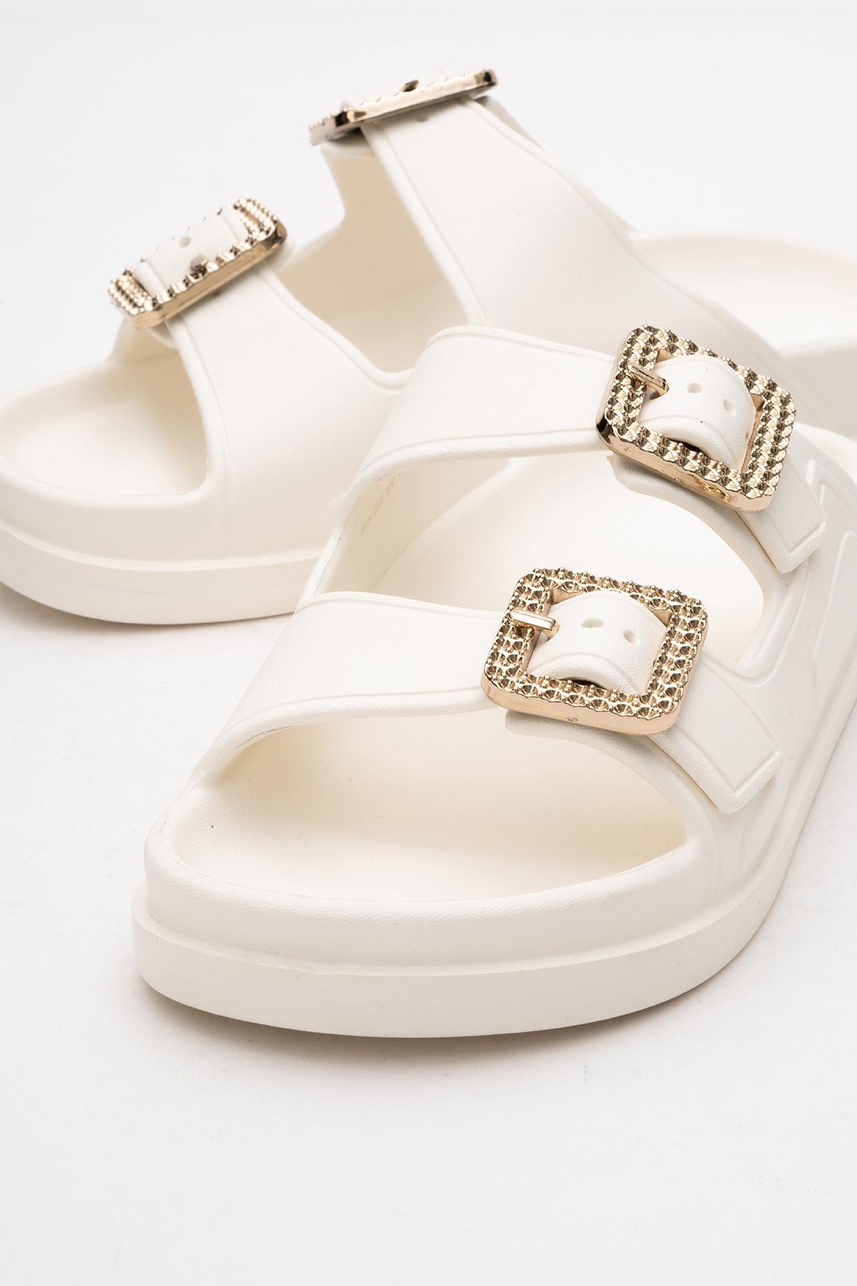 Kadın Bantlı Tokalı Terlik Sandalet EKRU - Görsel 4