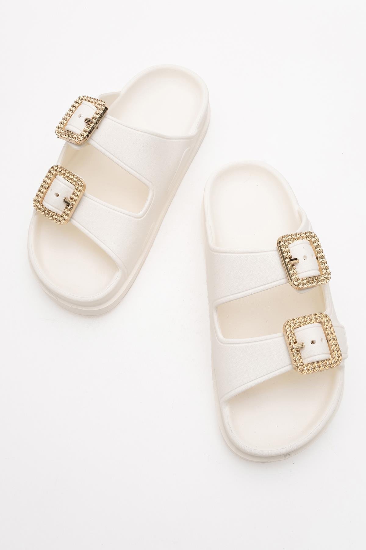 Kadın Bantlı Tokalı Terlik Sandalet EKRU - Görsel 6