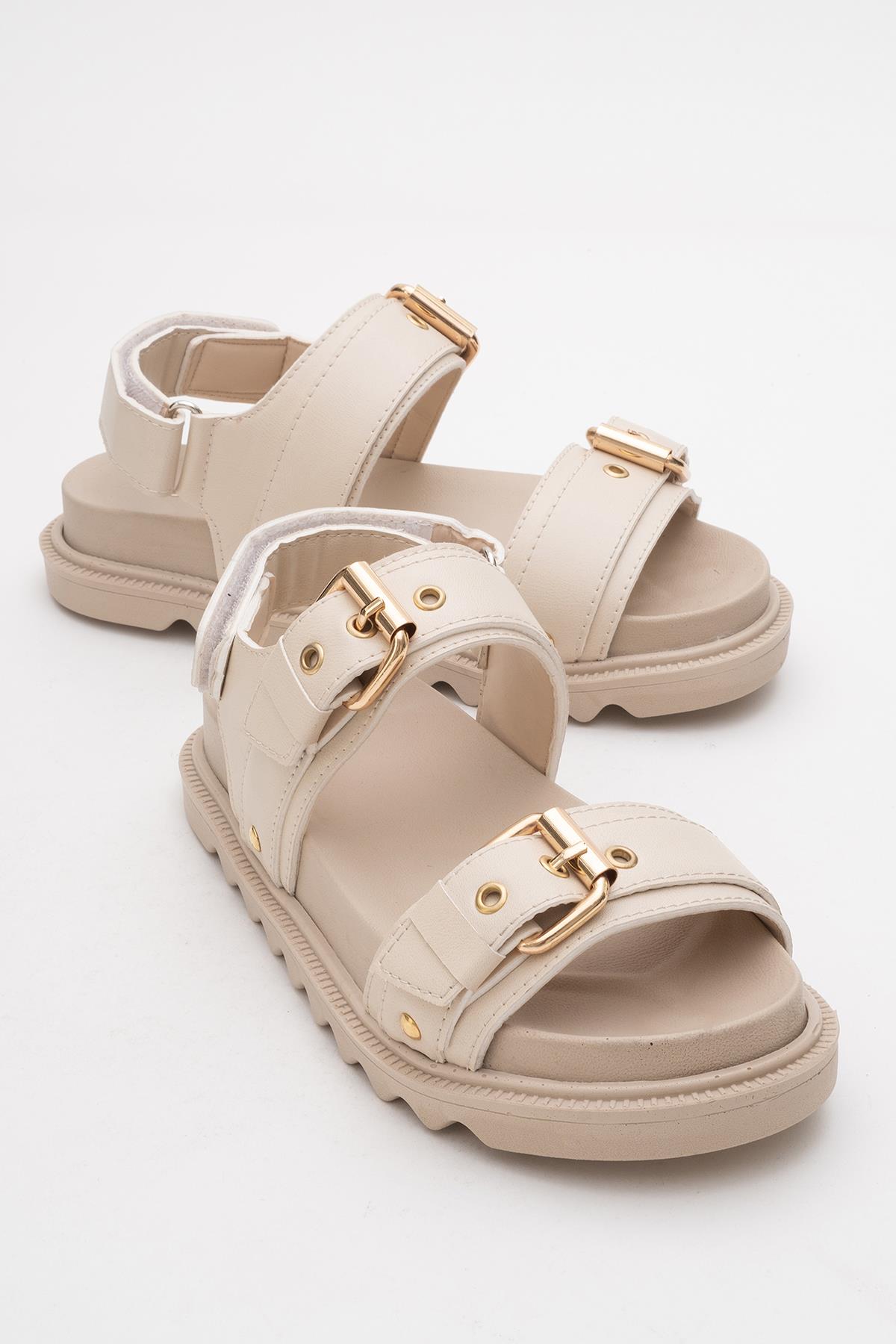 Kadın Çift Tokalı Cırtlı Sandalet BEJ - Görsel 2
