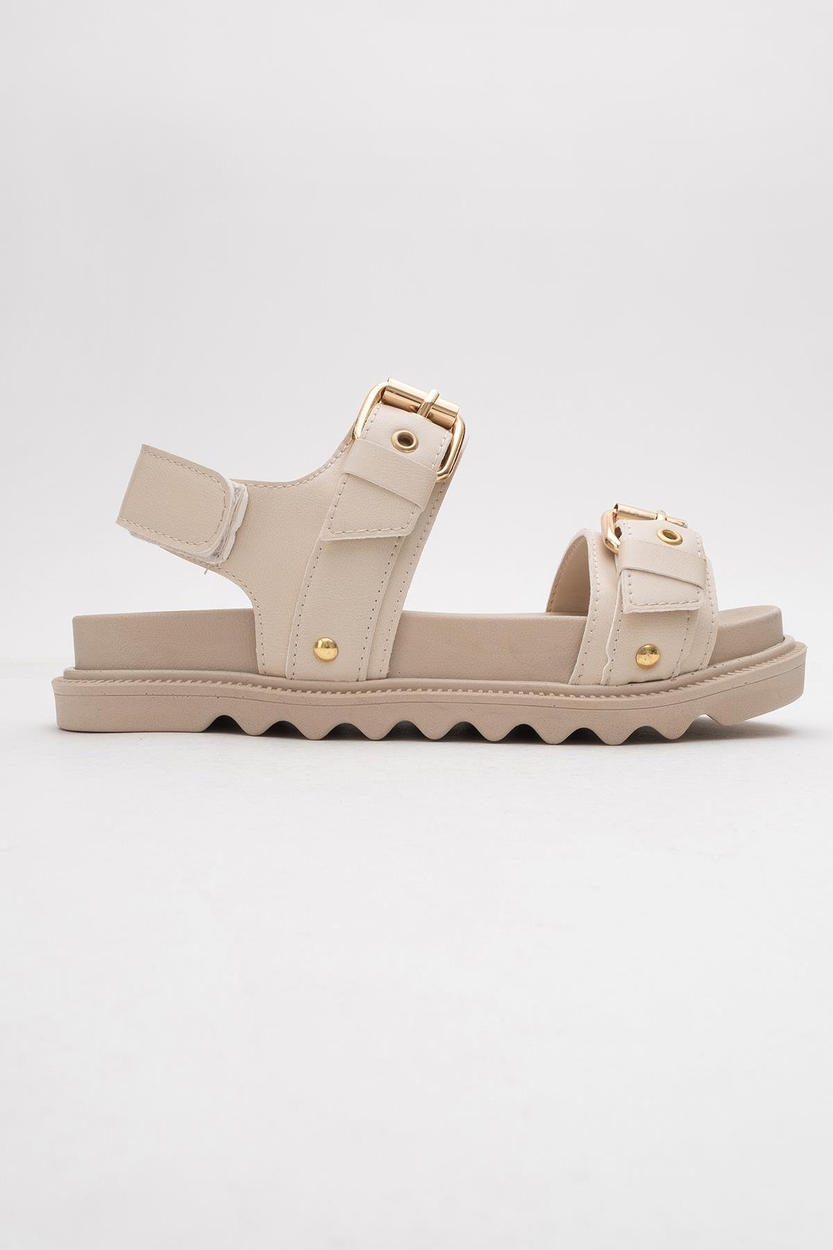 Kadın Çift Tokalı Cırtlı Sandalet BEJ - Görsel 3