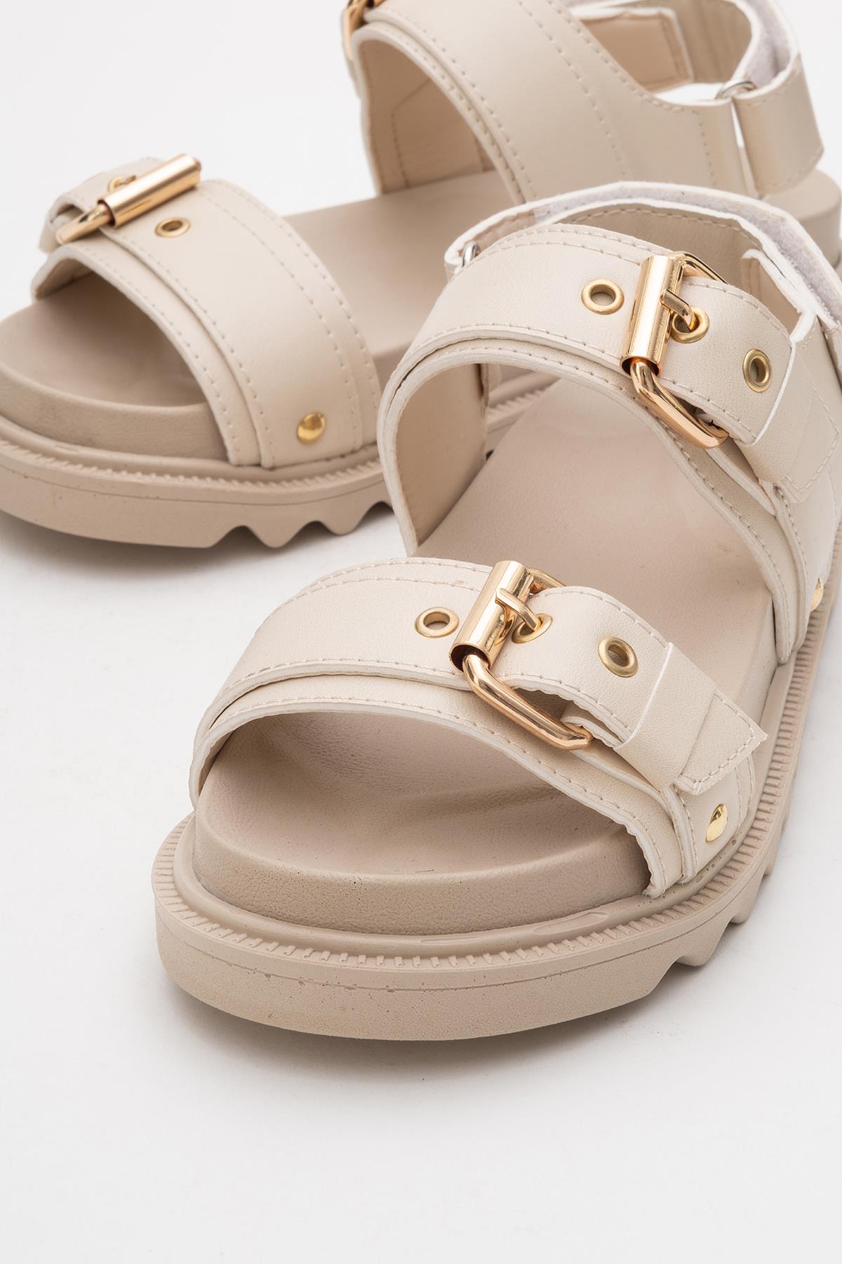 Kadın Çift Tokalı Cırtlı Sandalet BEJ - Görsel 4