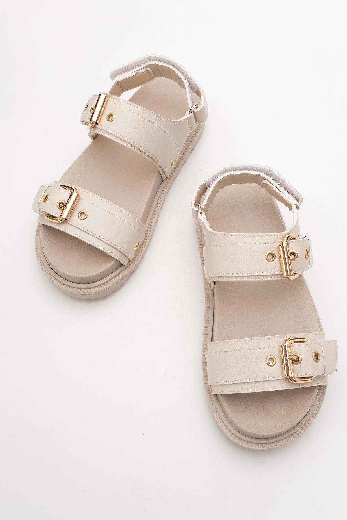 Kadın Çift Tokalı Cırtlı Sandalet BEJ - Görsel 6