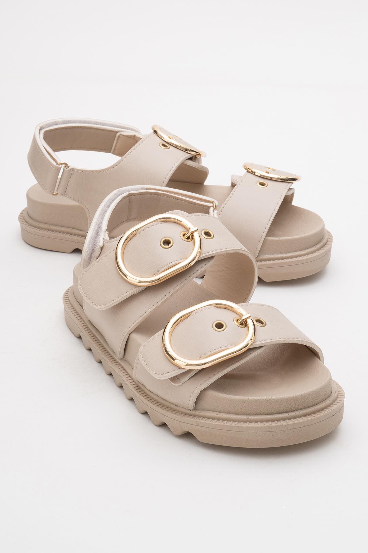 Kadın Çift Tokalı Cırtlı Sandalet BEJ - Görsel 2
