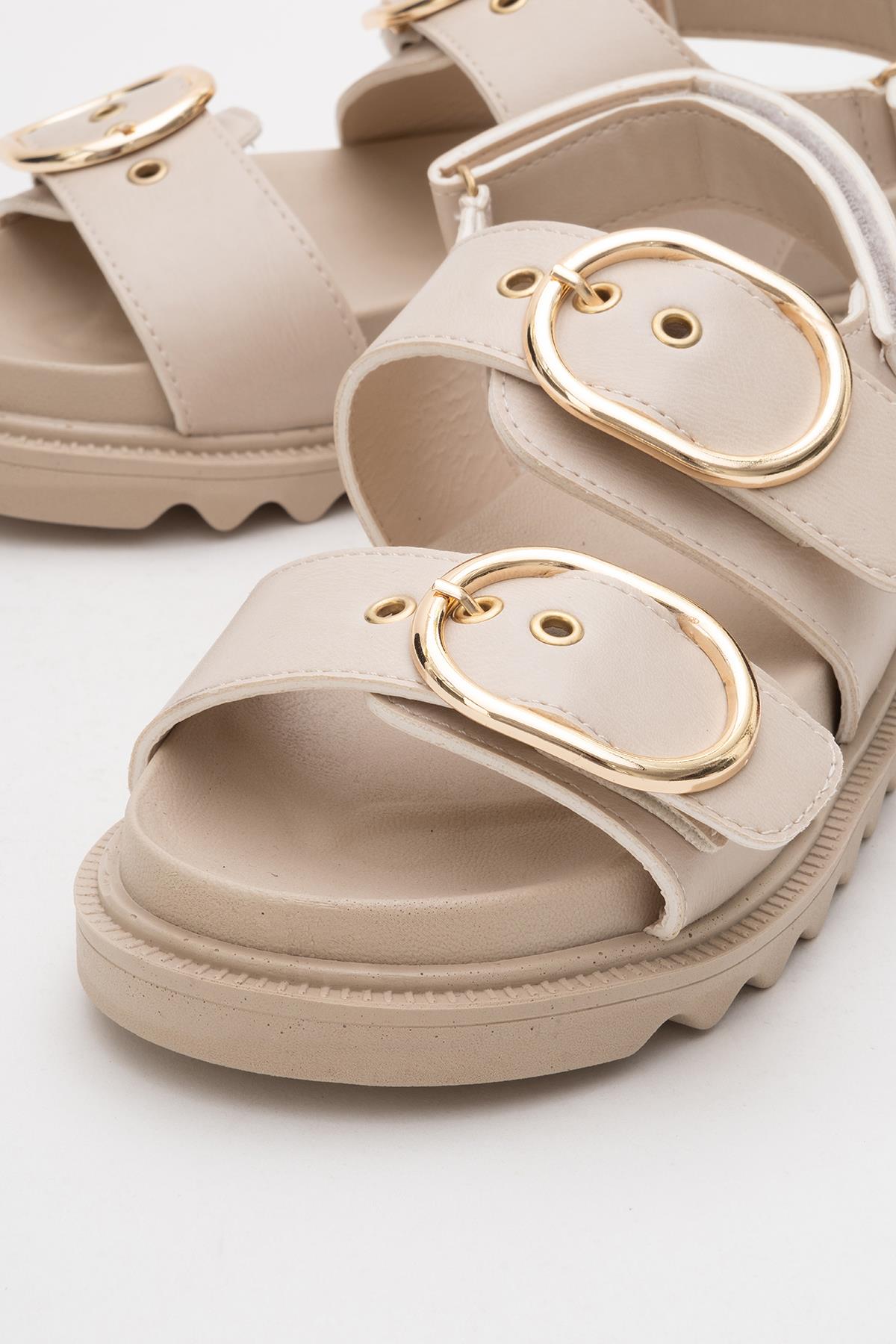 Kadın Çift Tokalı Cırtlı Sandalet BEJ - Görsel 4