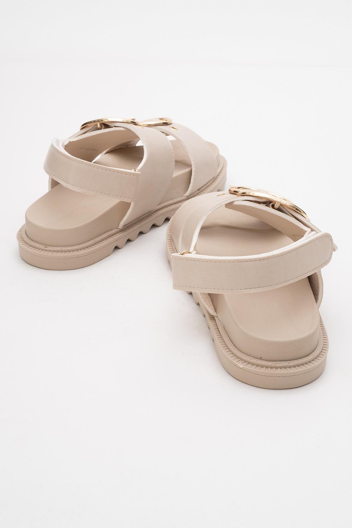 Kadın Çift Tokalı Cırtlı Sandalet BEJ - Görsel 5