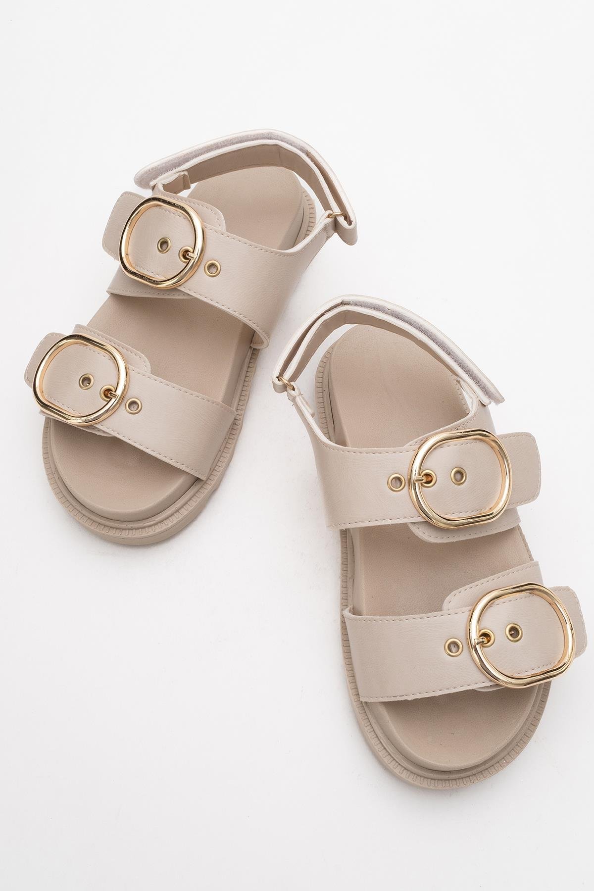 Kadın Çift Tokalı Cırtlı Sandalet BEJ - Görsel 6