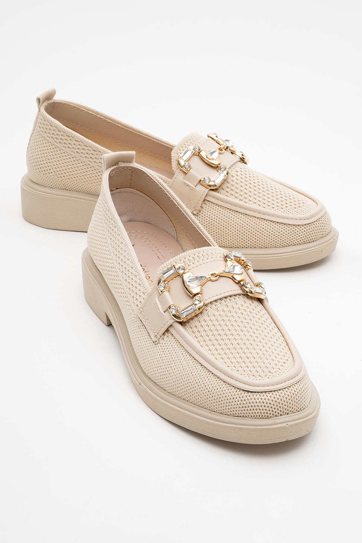 Kadın Tokalı Triko Loafer Ayakkabı BEJ - Görsel 2