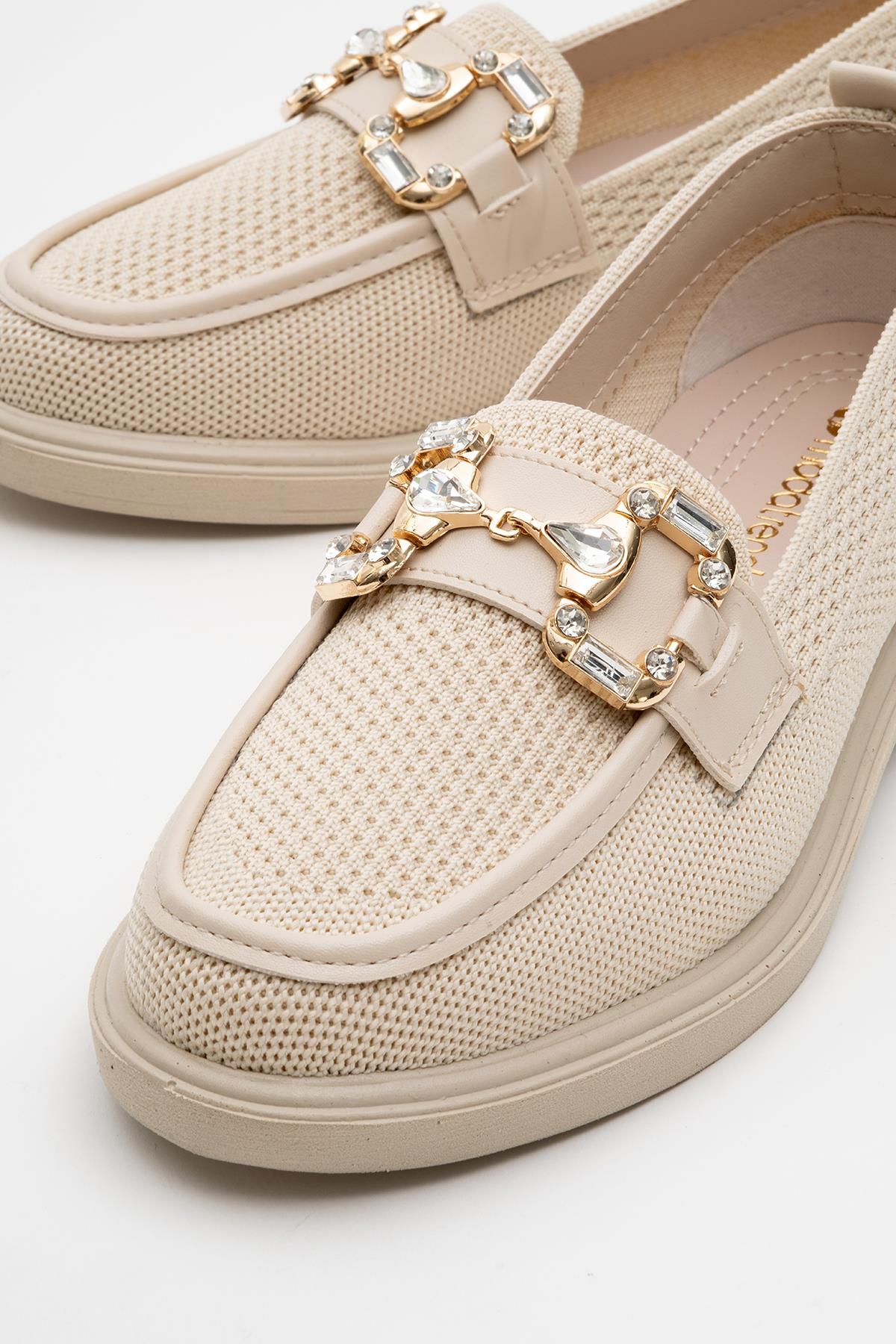 Kadın Tokalı Triko Loafer Ayakkabı BEJ - Görsel 4