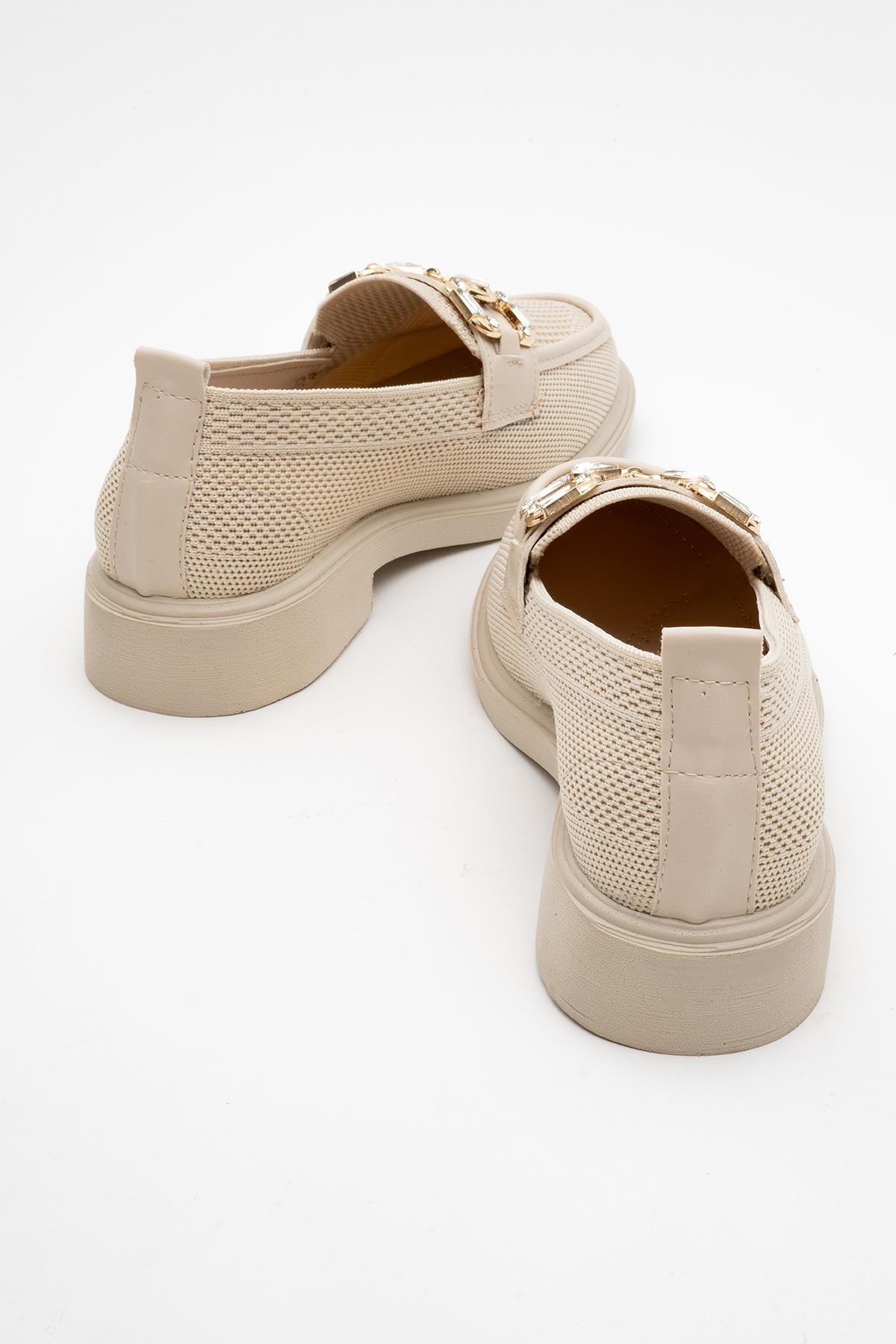 Kadın Tokalı Triko Loafer Ayakkabı BEJ - Görsel 5