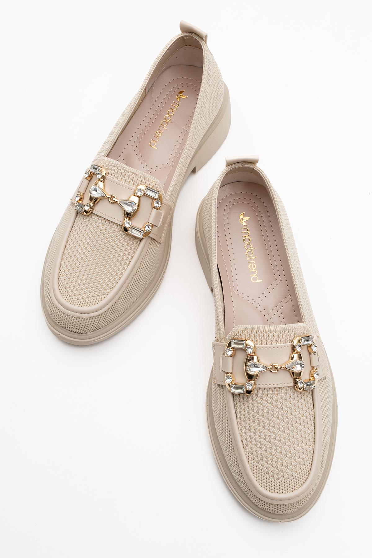 Kadın Tokalı Triko Loafer Ayakkabı BEJ - Görsel 6