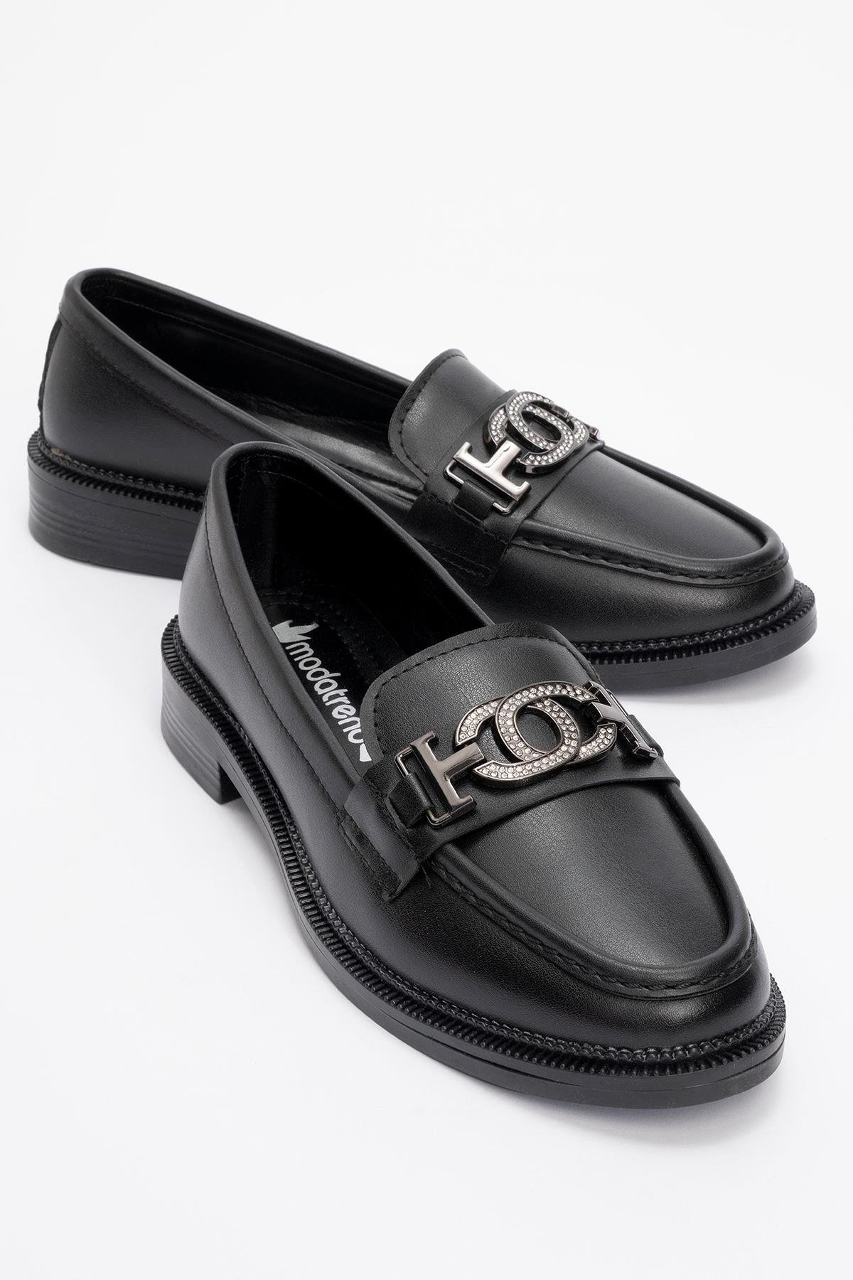 Kaydırmaz Taşlı Tokalı Kadın Ayakkabı SİYAH CİLT - Görsel 2