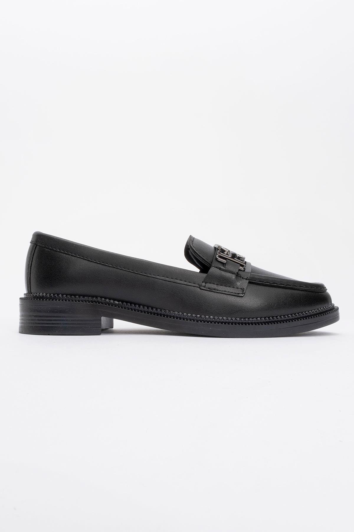 Kaydırmaz Taşlı Tokalı Kadın Ayakkabı SİYAH CİLT - Görsel 3