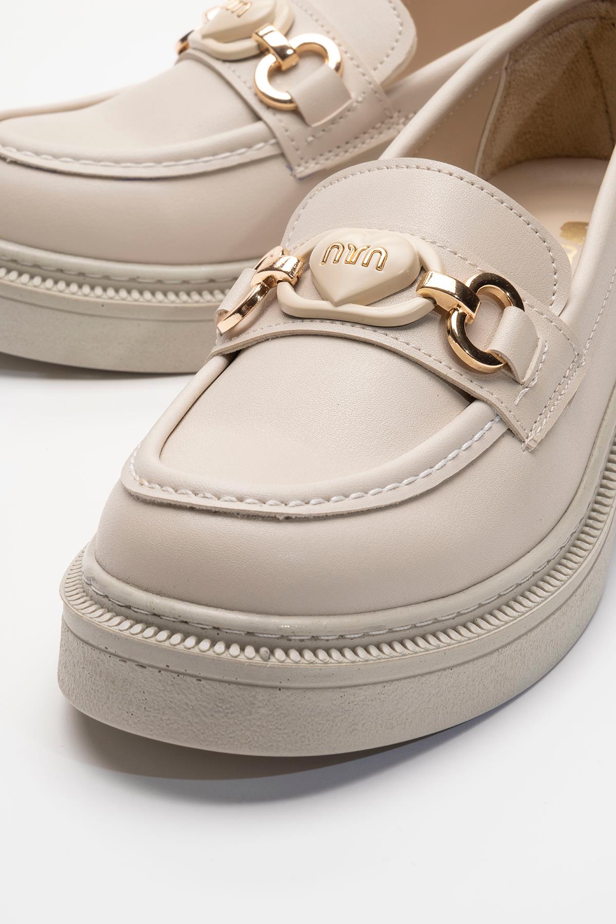 Kadın Kalp Tokalı Günlük Ayakkabı BEJ CİLT - Görsel 4