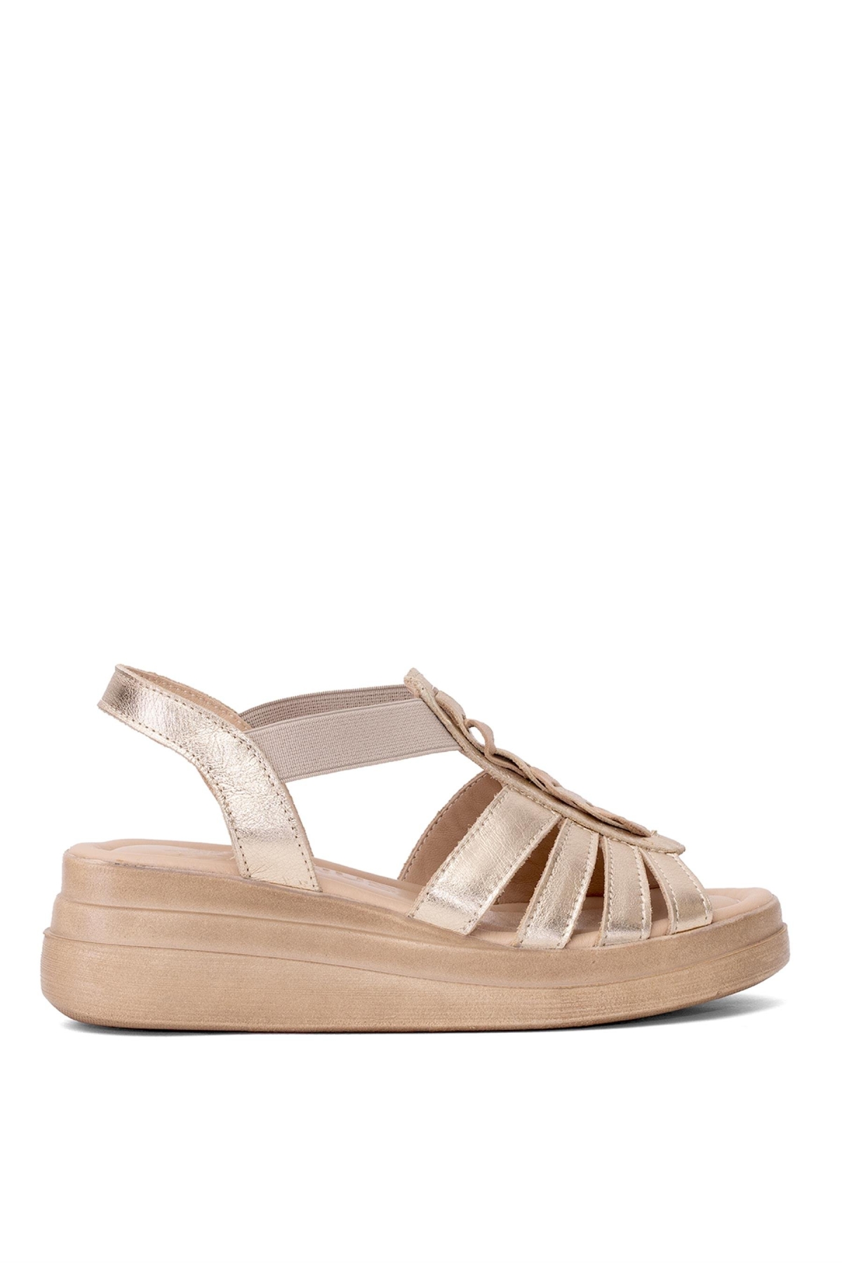 2409912Y Kadın Hakiki Deri Dolgu Topuk Sandalet Altın - Görsel 2