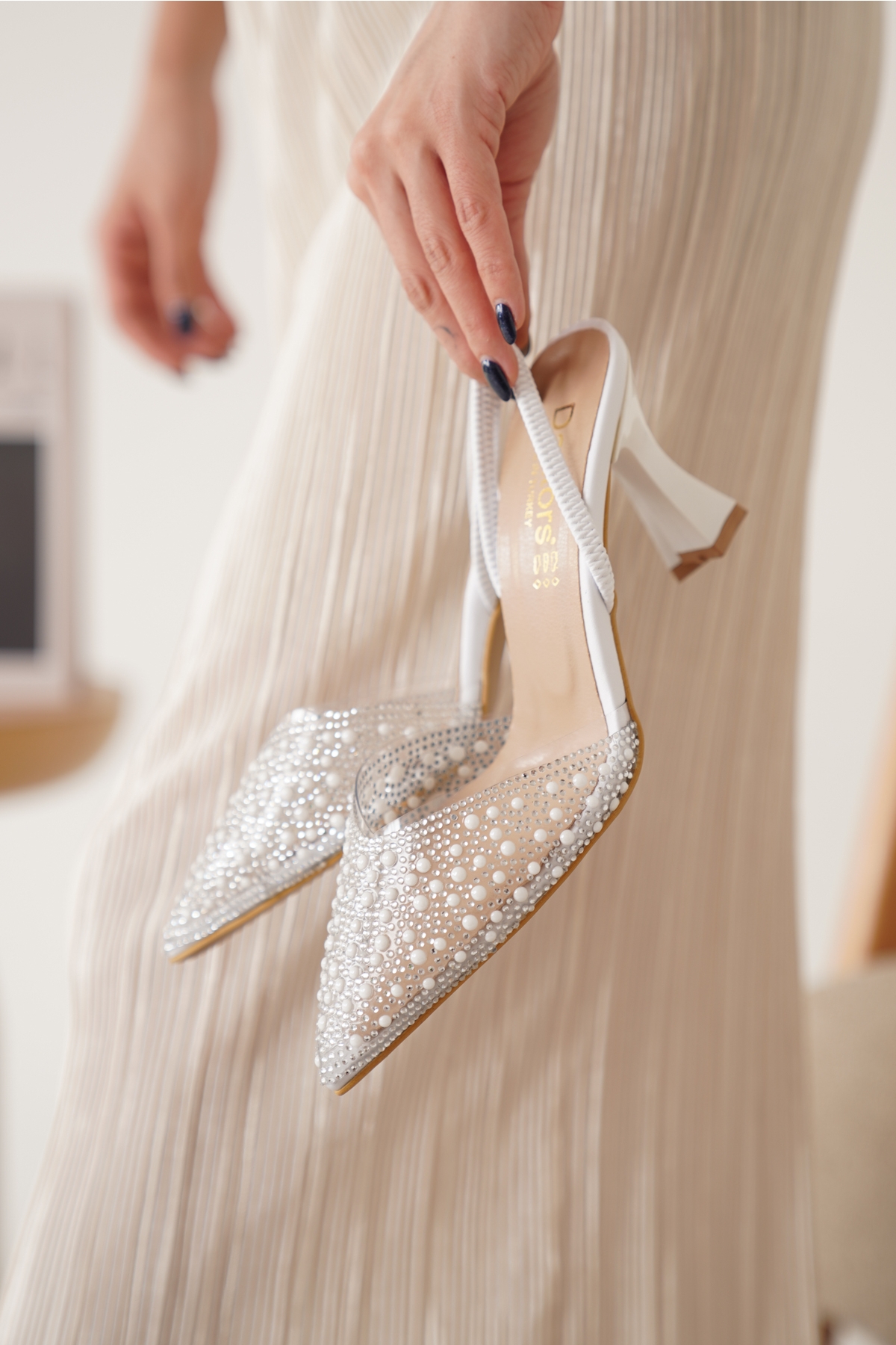 İncili Kadın Stiletto Taşlı Sivri Burun Arkası Açık Abiye Topuklu Ayakkabı - Görsel 6