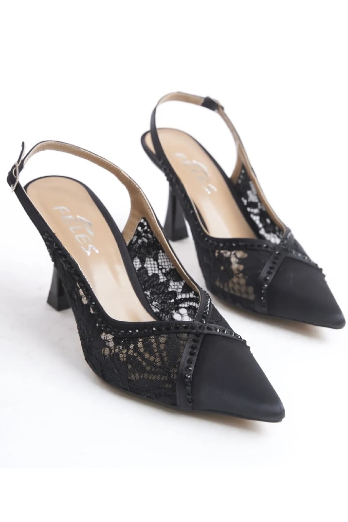 Saten Dantel Taş Detaylı Arkası Açık Stiletto Kadın Topuklu Ayakkabı - Görsel 4