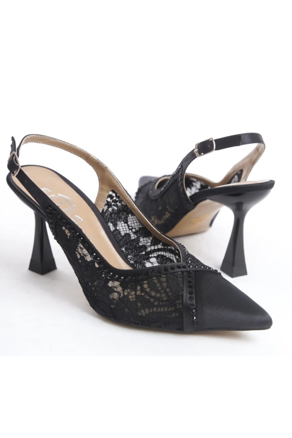 Saten Dantel Taş Detaylı Arkası Açık Stiletto Kadın Topuklu Ayakkabı - Görsel 7