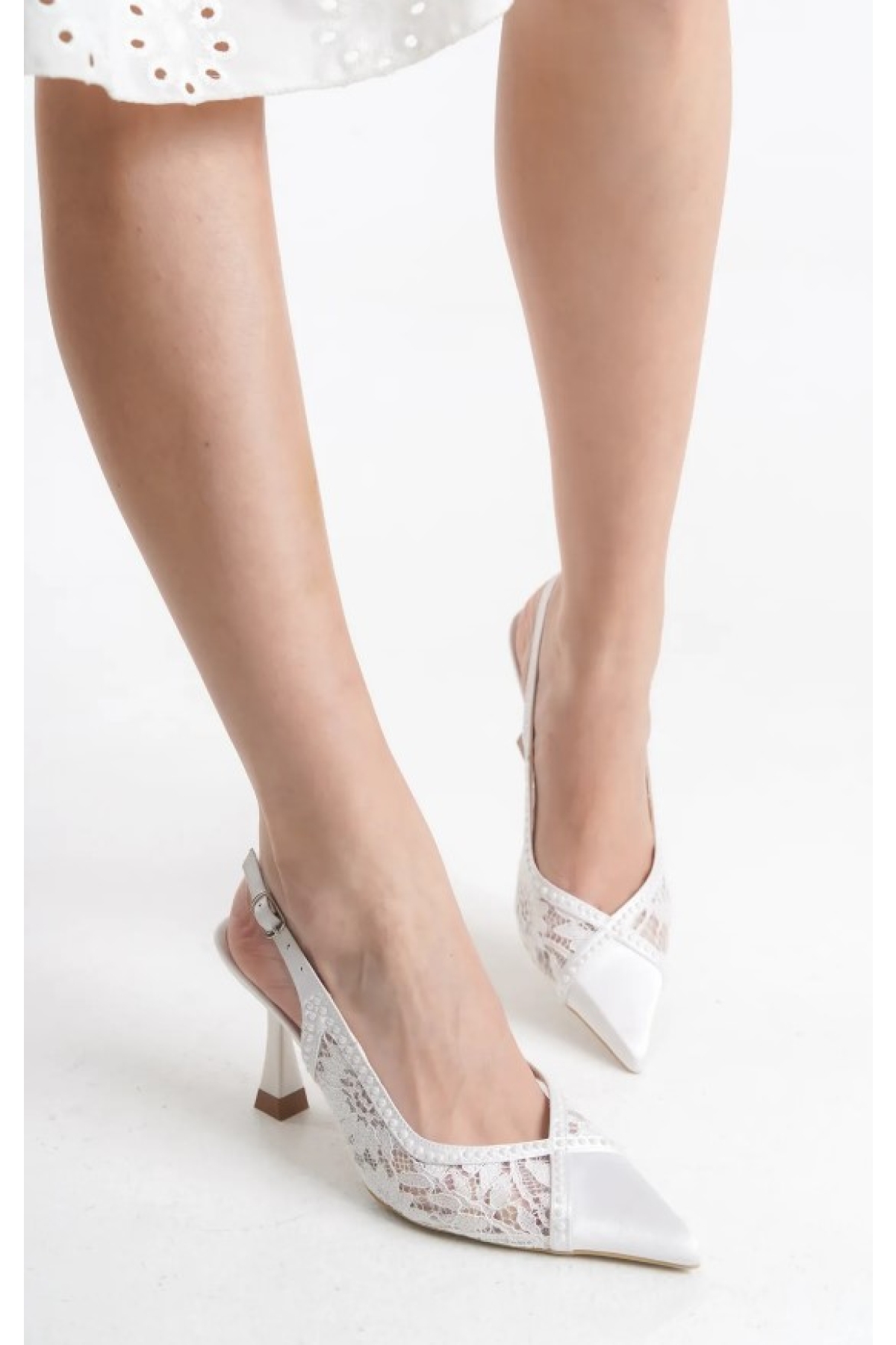 Saten Dantel Taş Detaylı Arkası Açık Stiletto Kadın Topuklu Ayakkabı - Görsel 2