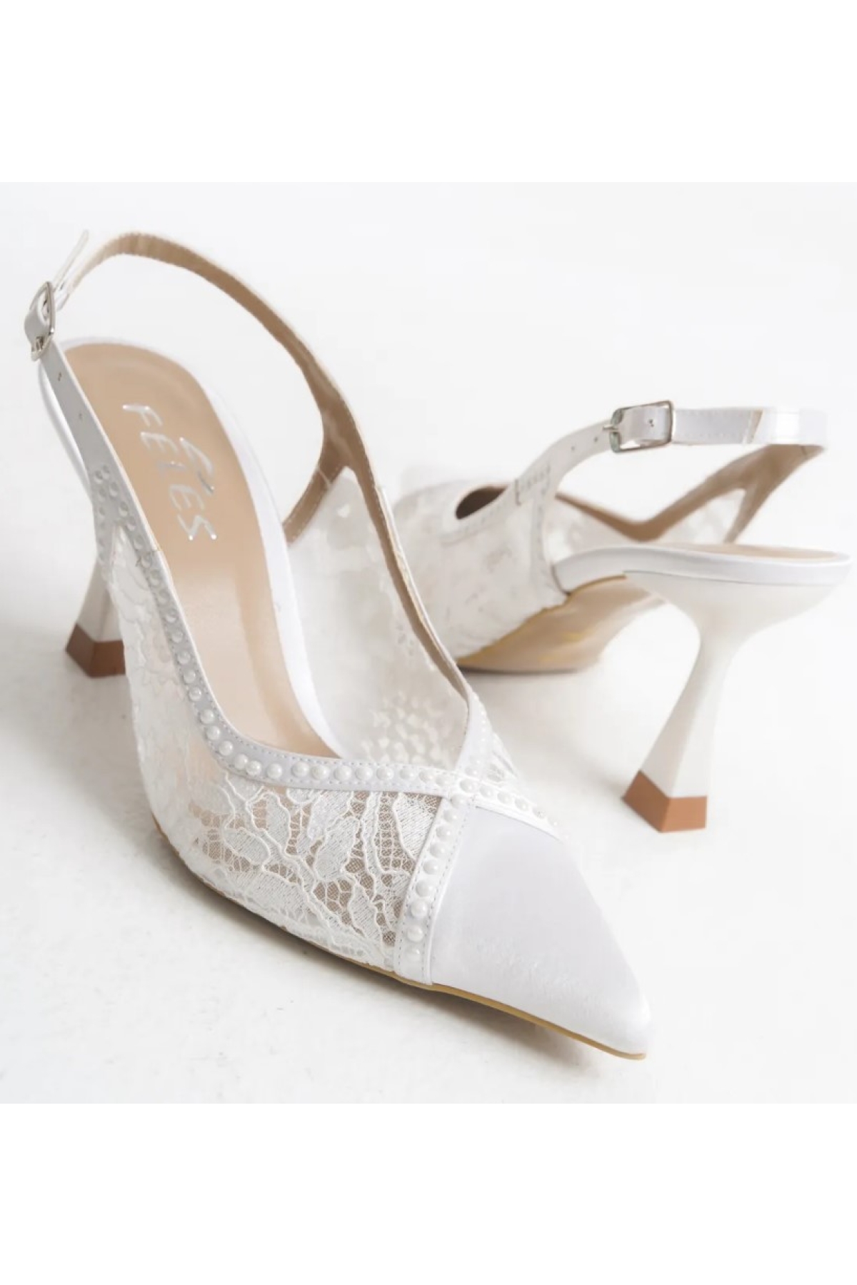 Saten Dantel Taş Detaylı Arkası Açık Stiletto Kadın Topuklu Ayakkabı - Görsel 7