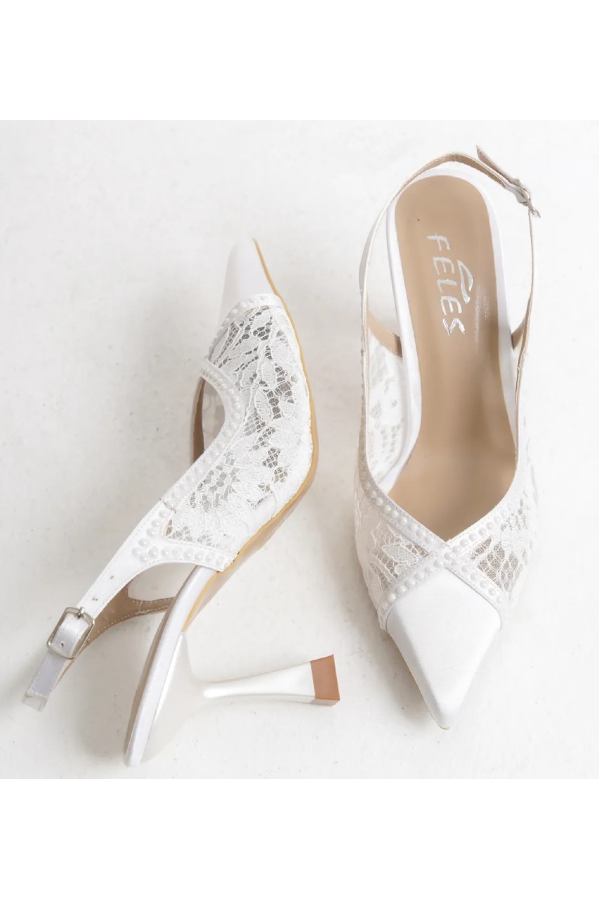 Saten Dantel Taş Detaylı Arkası Açık Stiletto Kadın Topuklu Ayakkabı - Görsel 8