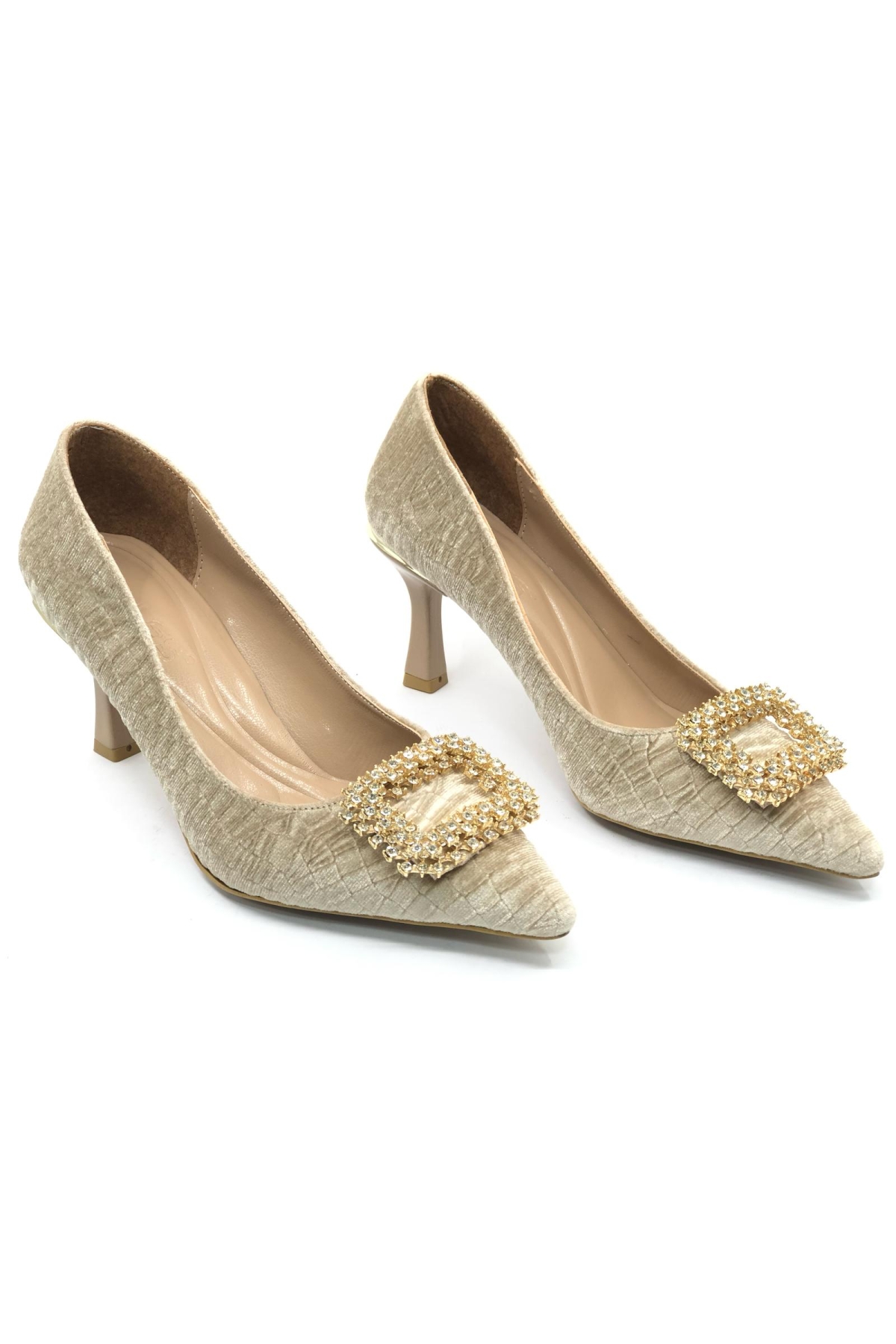 Kadife Taş Toka Detaylı Stiletto Kadın Topuklu Ayakkabı - Görsel 3