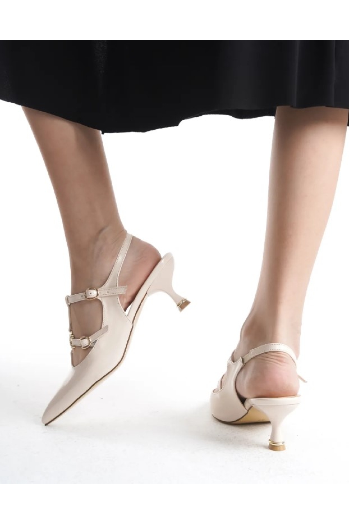 Şeker Topuklu Çift Toka Detaylı Arkası Açık Stiletto Kadın Kısa Topuklu Ayakkabı - Görsel 4