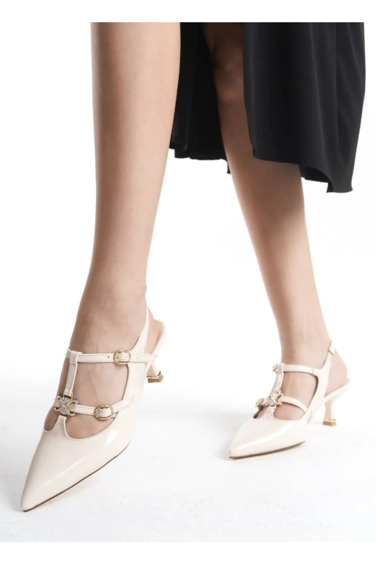 Şeker Topuklu Çift Toka Detaylı Arkası Açık Stiletto Kadın Kısa Topuklu Ayakkabı - Görsel 6