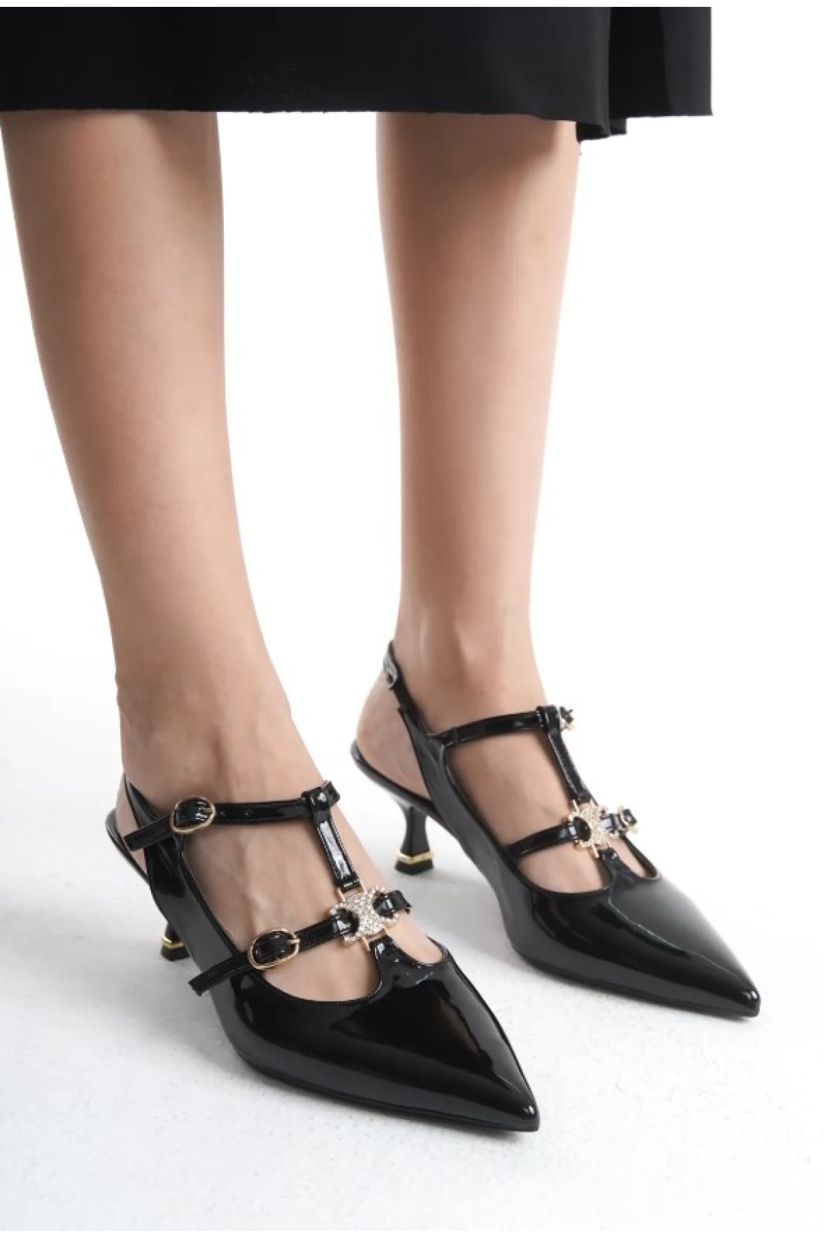 Şeker Topuklu Çift Toka Detaylı Arkası Açık Stiletto Kadın Kısa Topuklu Ayakkabı - Görsel 3