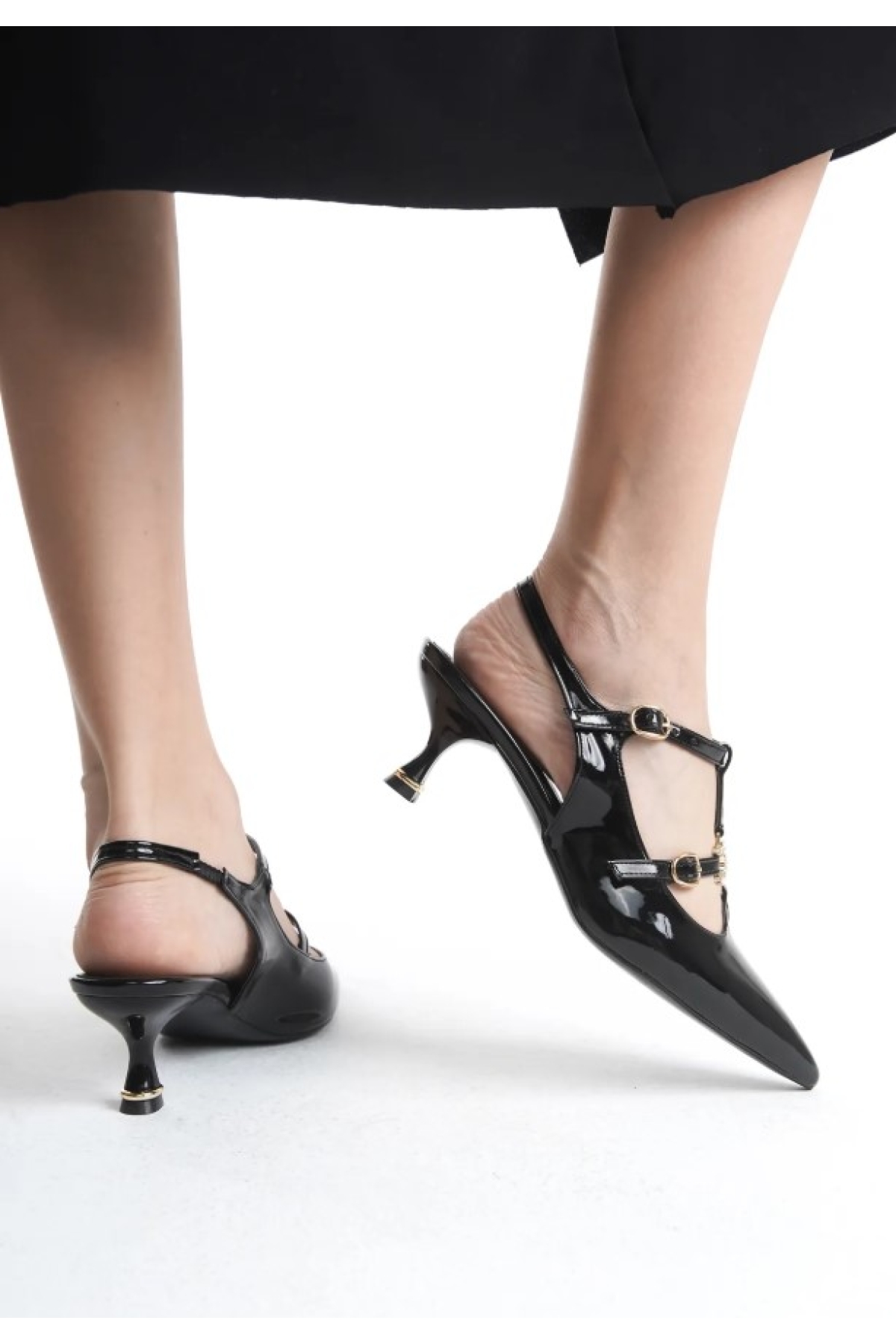 Şeker Topuklu Çift Toka Detaylı Arkası Açık Stiletto Kadın Kısa Topuklu Ayakkabı - Görsel 6