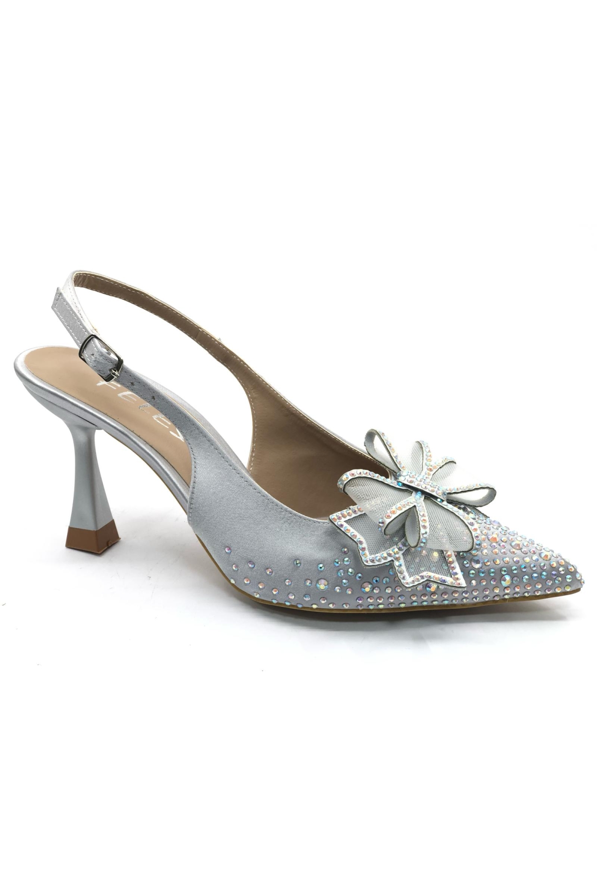 Saten Kurdela Taş Detaylı Arkası Açık Stiletto Kadın Topuklu Ayakkabı - Görsel 4