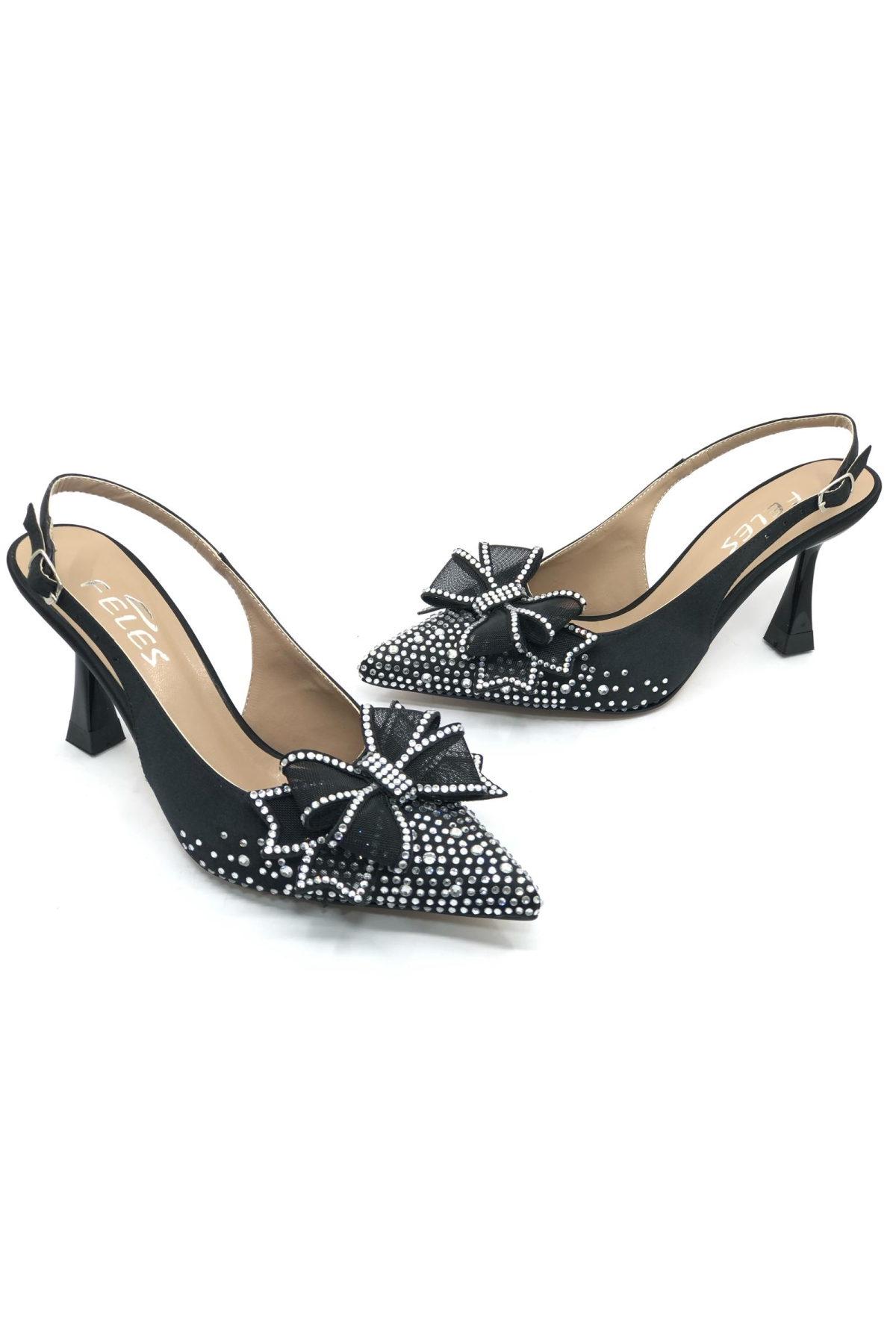 Saten Kurdela Taş Detaylı Arkası Açık Stiletto Kadın Topuklu Ayakkabı - Görsel 2